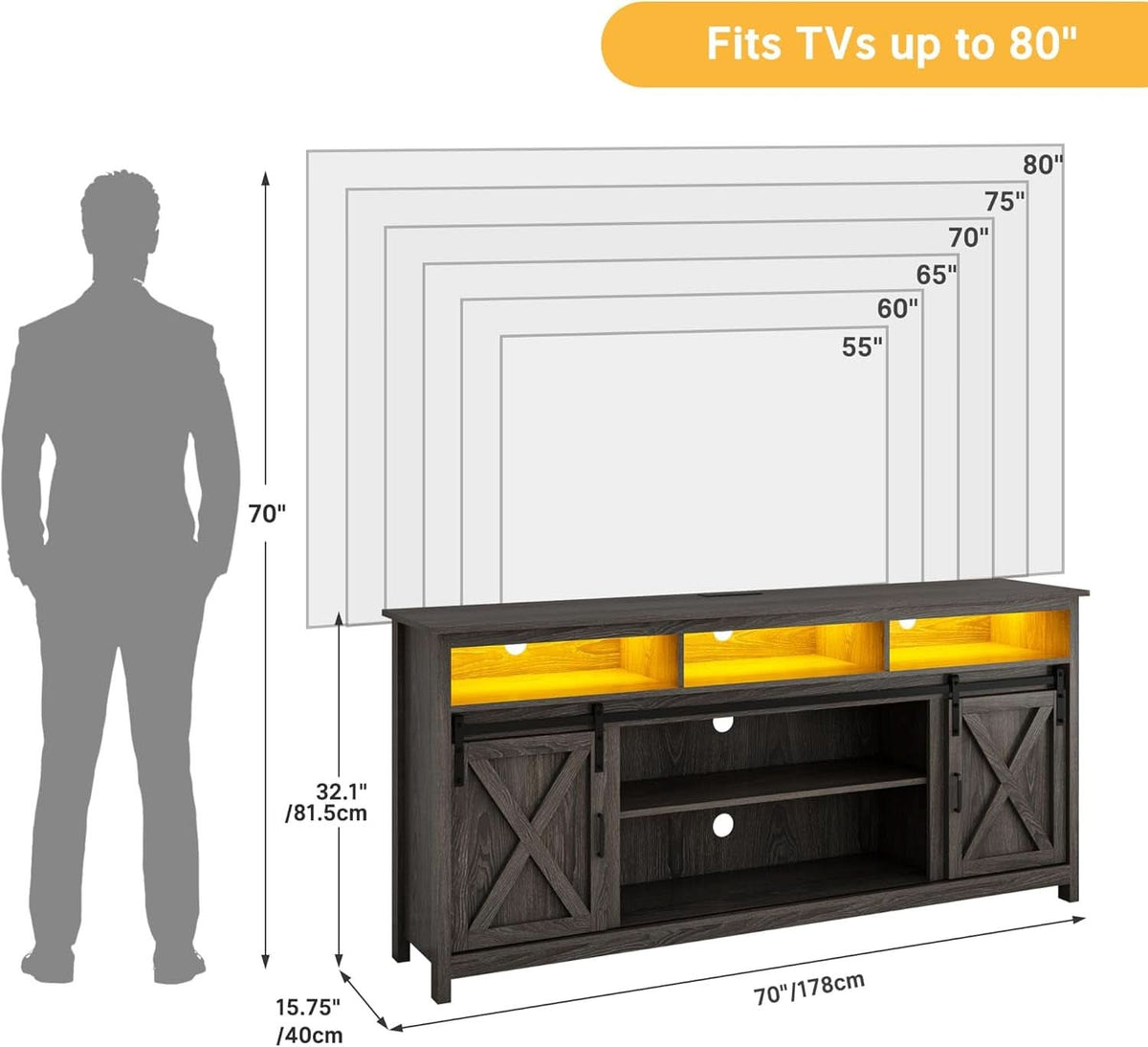 Wooden Farmhouse TV Stand 70 Inch With Double Storage