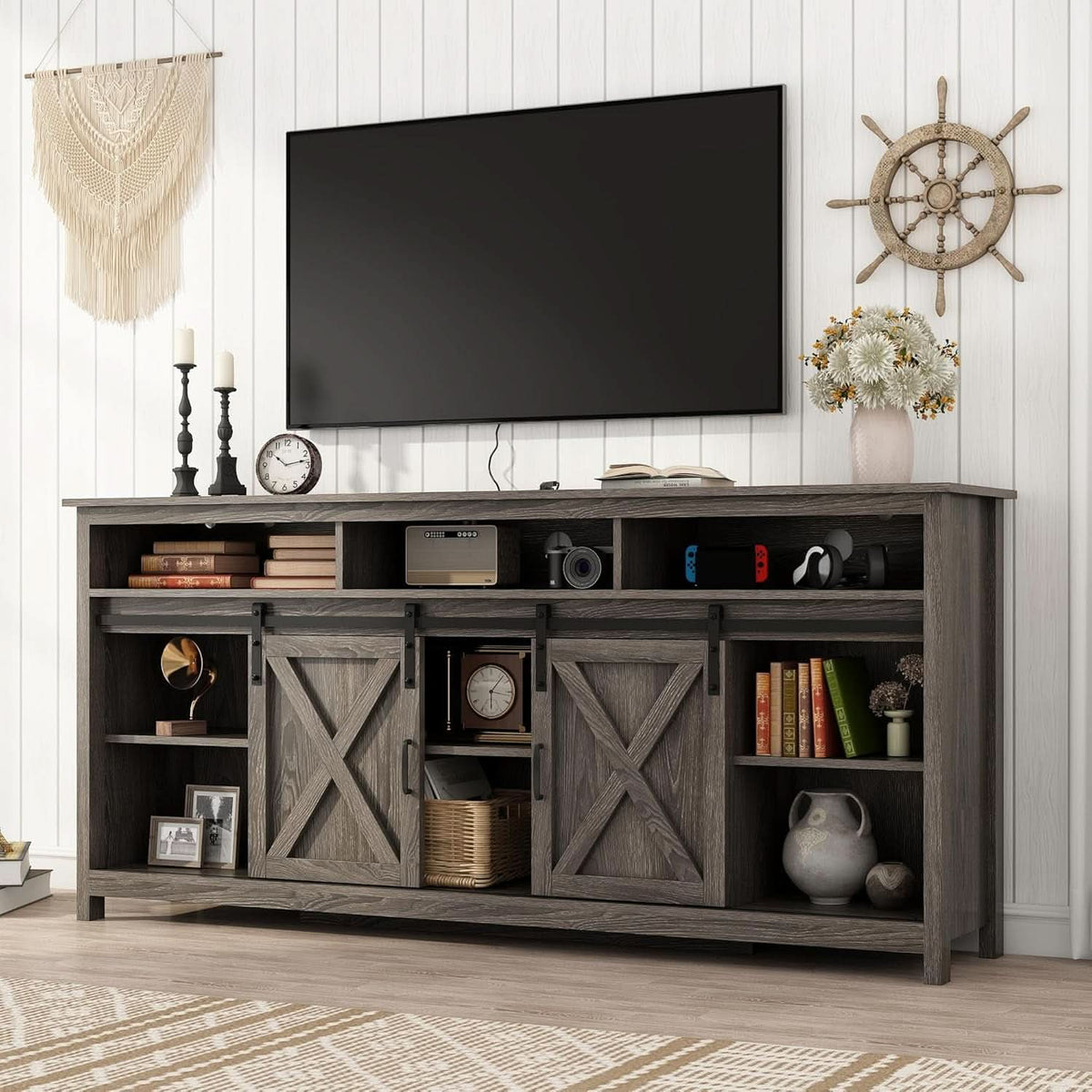 Wooden Farmhouse TV Stand 70 Inch With Double Storage