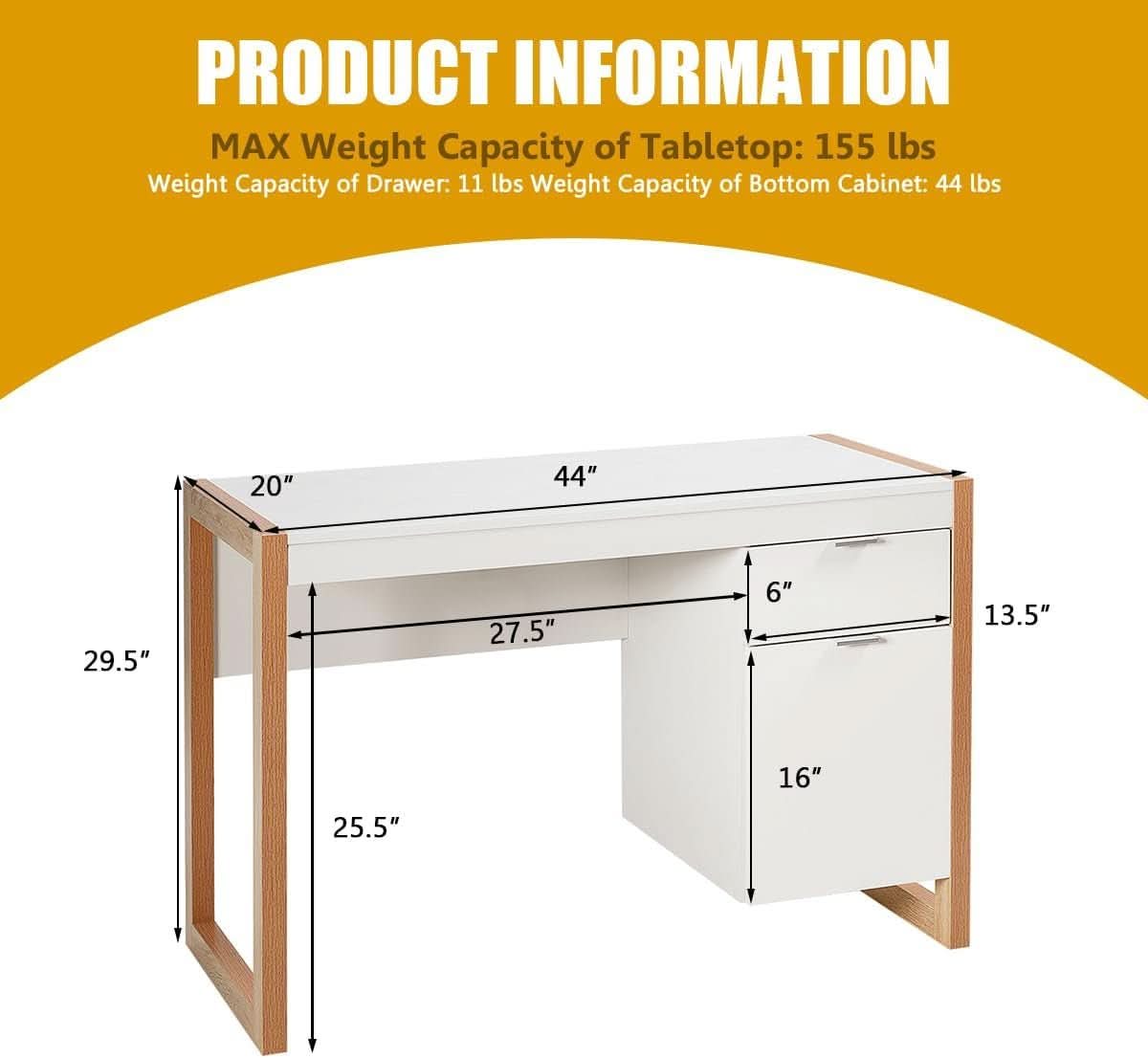 Wooden Home Office Desk With Drawer And Cabinet In White And Natural