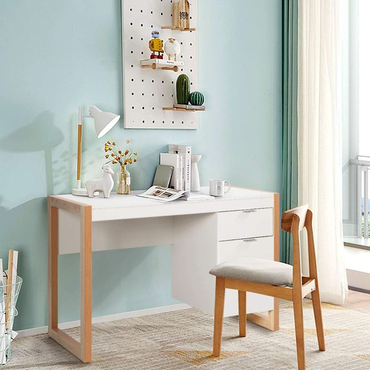 Wooden Home Office Desk With Drawer And Cabinet In White And Natural