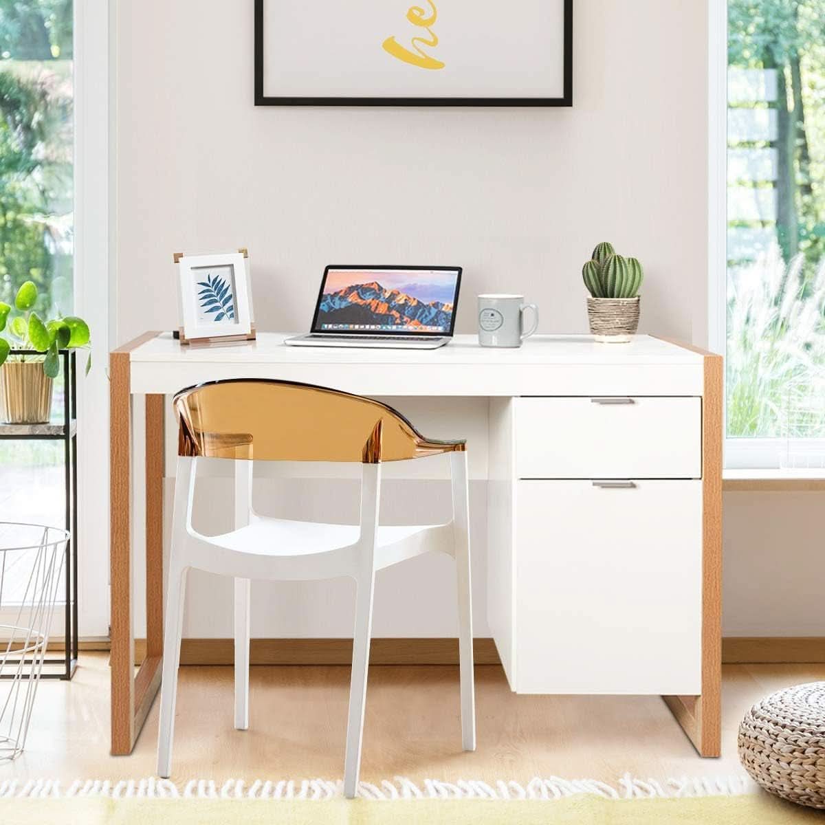 Wooden Home Office Desk With Drawer And Cabinet In White And Natural