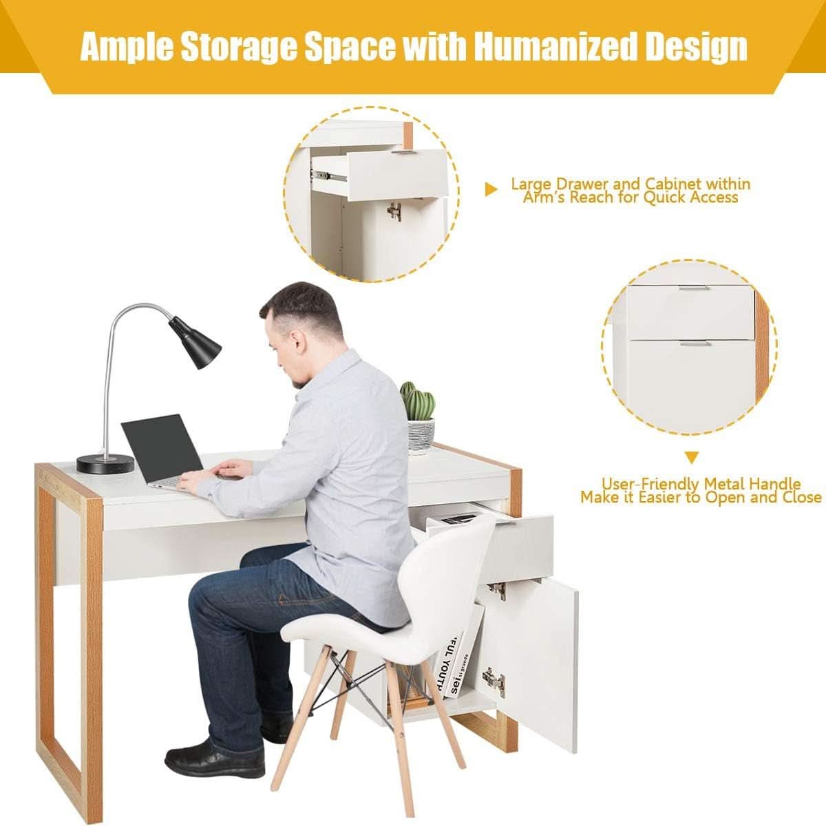 Wooden Home Office Desk With Drawer And Cabinet In White And Natural
