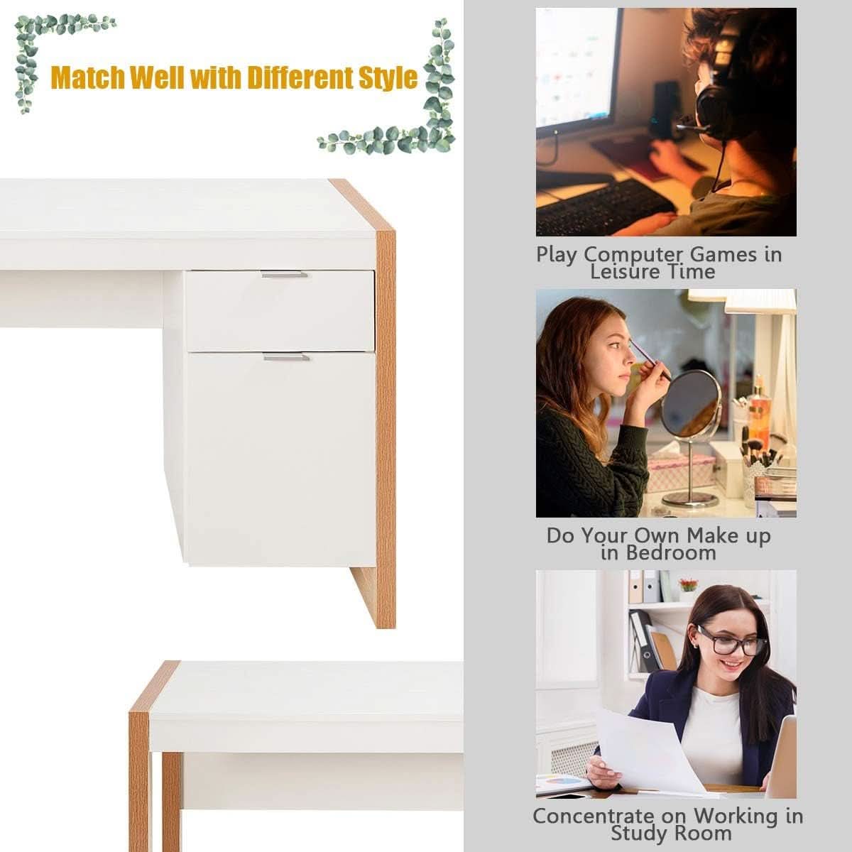 Wooden Home Office Desk With Drawer And Cabinet In White And Natural