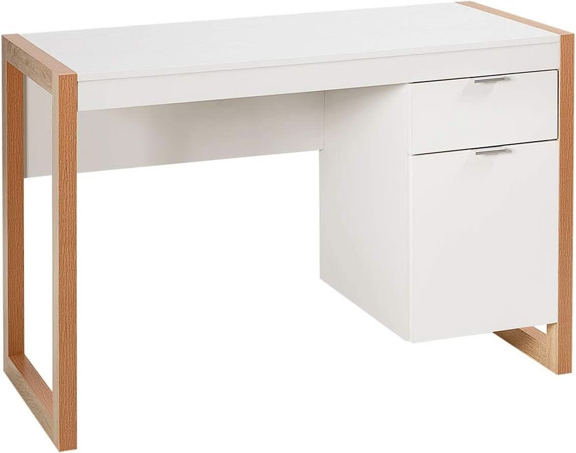 Wooden Home Office Desk With Drawer And Cabinet In White And Natural
