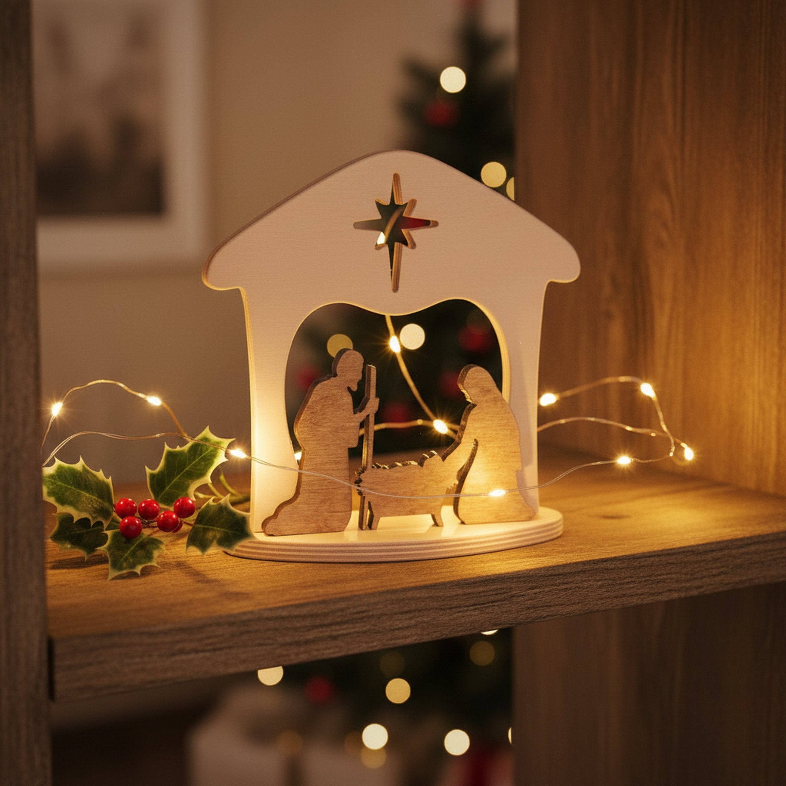 Wooden Manger Scene, One-Piece Nativity Set for Mantel or Shelf