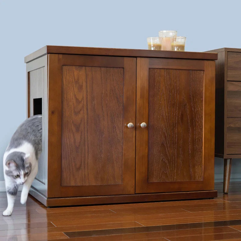 Wooden Oak Cat Litter Box Enclosure Cabinet Drawer