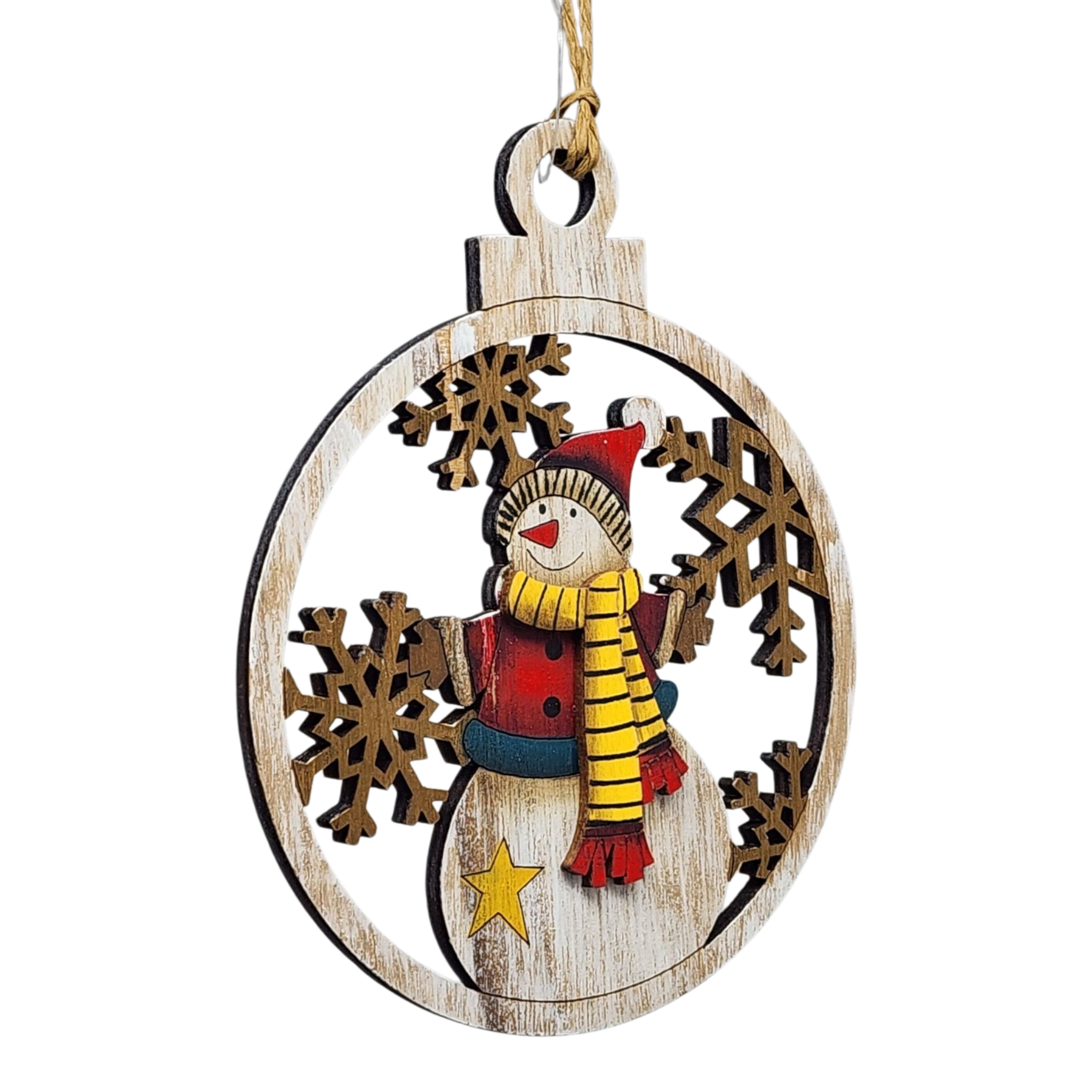Wooden Ornament - Snowman with Striped Scarf