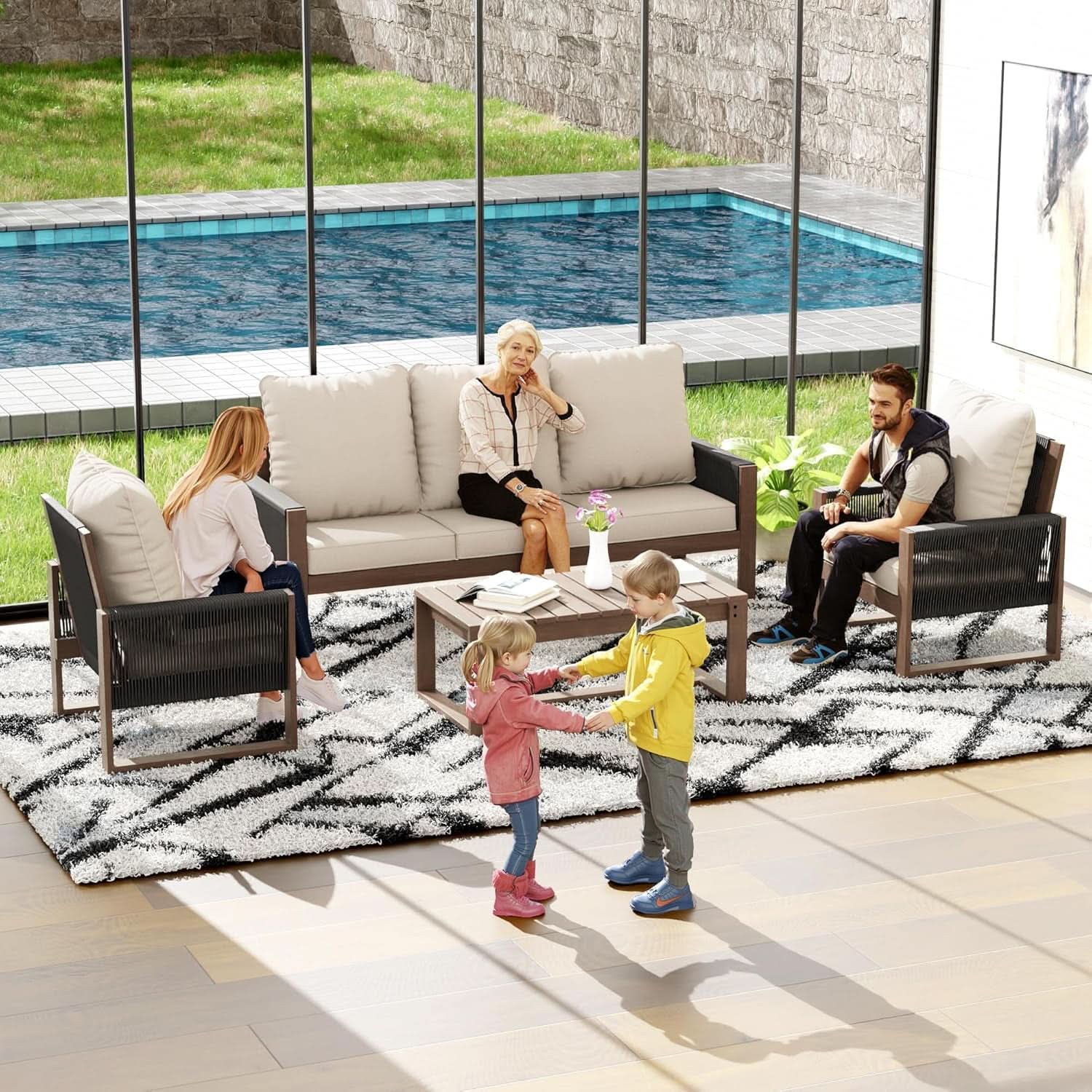 Wooden Outdoor Furniture Set with Comfortable Wicker Chairs