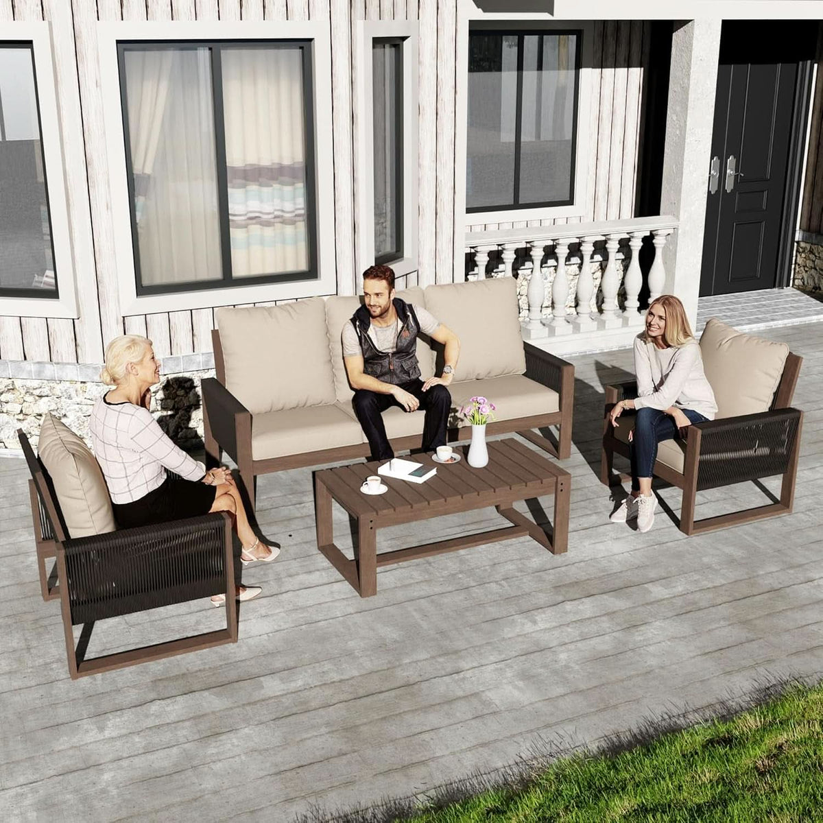 Wooden Outdoor Furniture Set with Comfortable Wicker Chairs