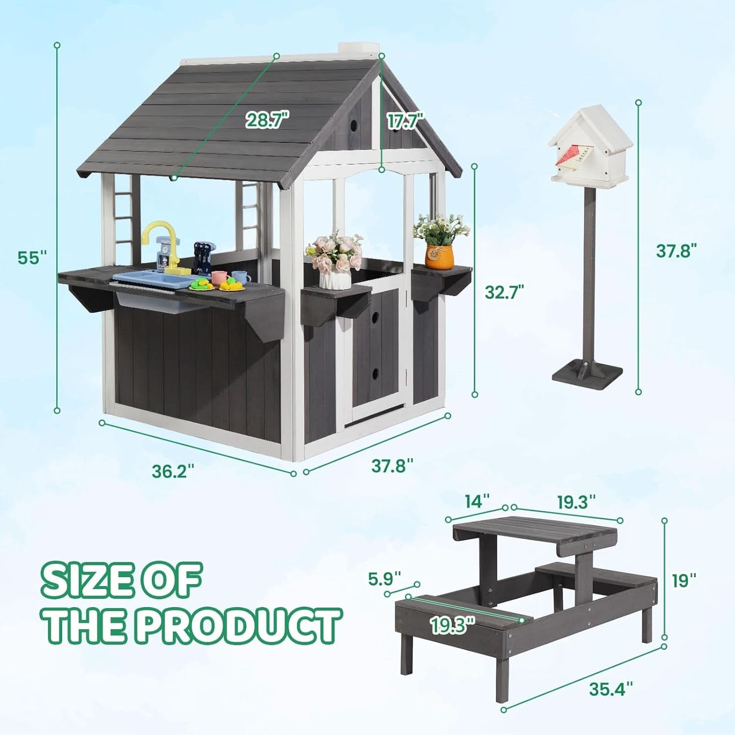 Wooden Outdoor Playhouse Gray White Integrated Sink