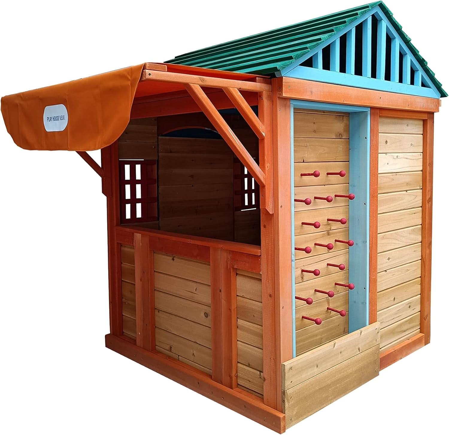 Wooden Outdoor Playhouse With Awning And Ball Wall