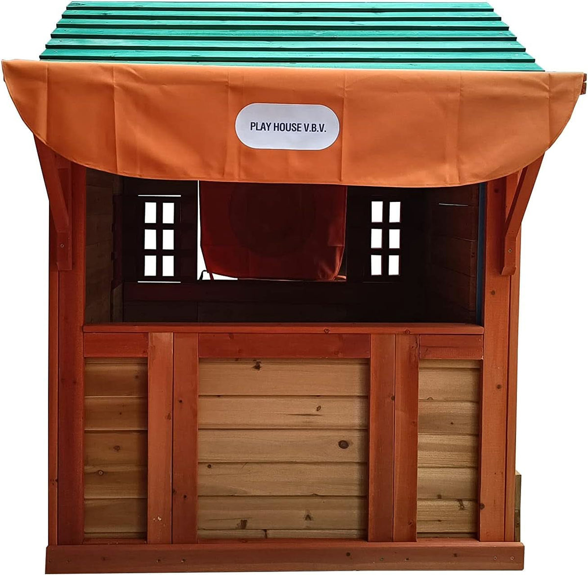 Wooden Outdoor Playhouse With Awning And Ball Wall