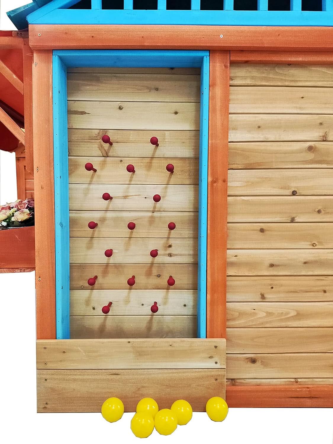 Wooden Outdoor Playhouse With Awning And Ball Wall