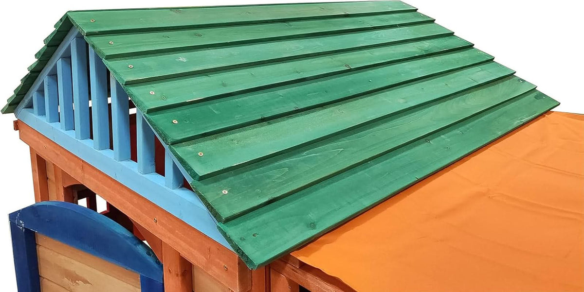 Wooden Outdoor Playhouse With Awning And Ball Wall