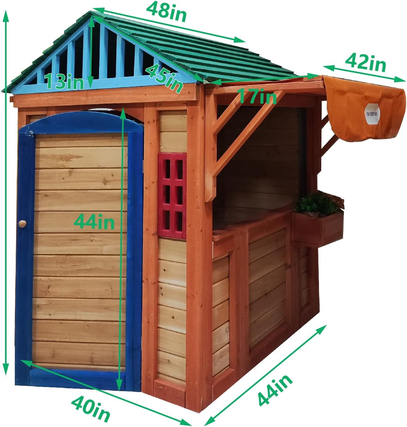 Wooden Outdoor Playhouse With Awning And Ball Wall