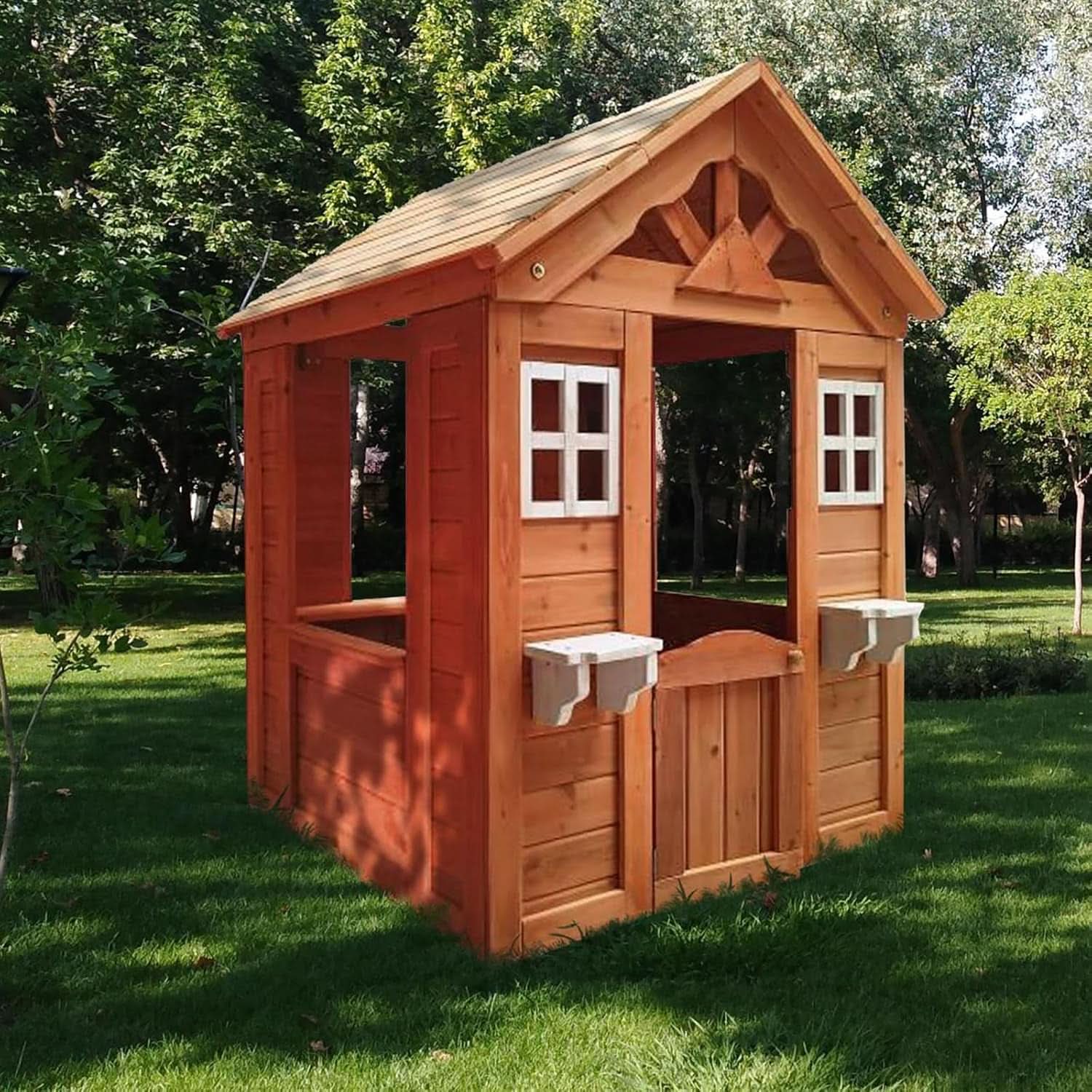 Wooden Outdoor Playhouse With Two Windows Flowerpot