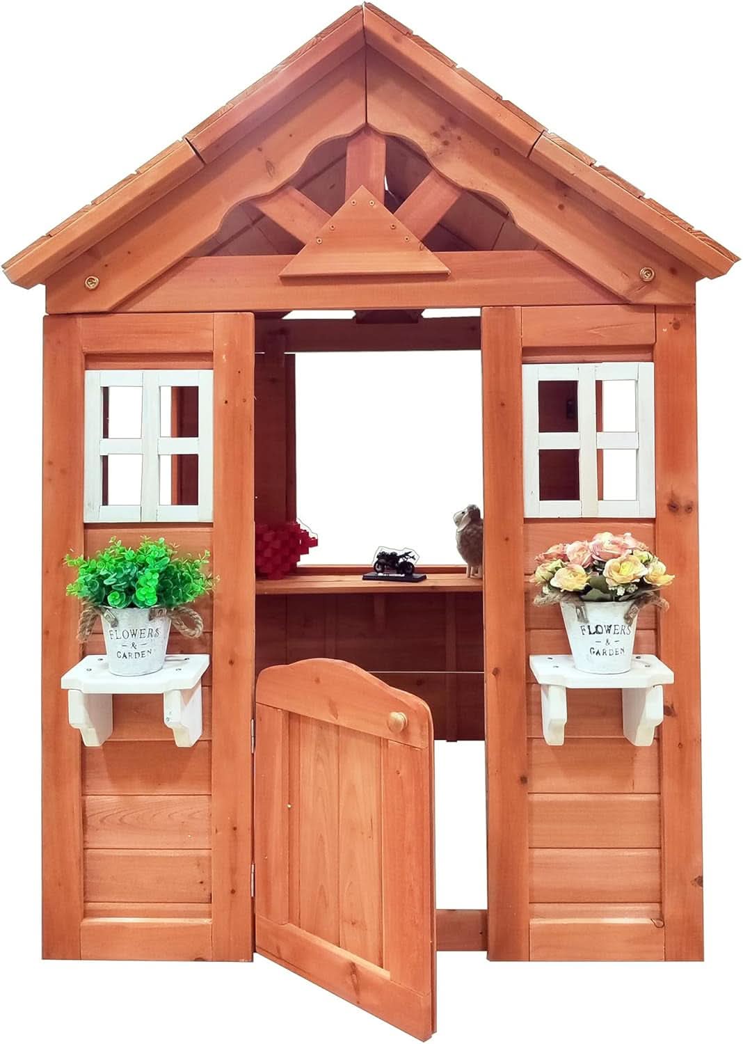 Wooden Outdoor Playhouse With Two Windows Flowerpot