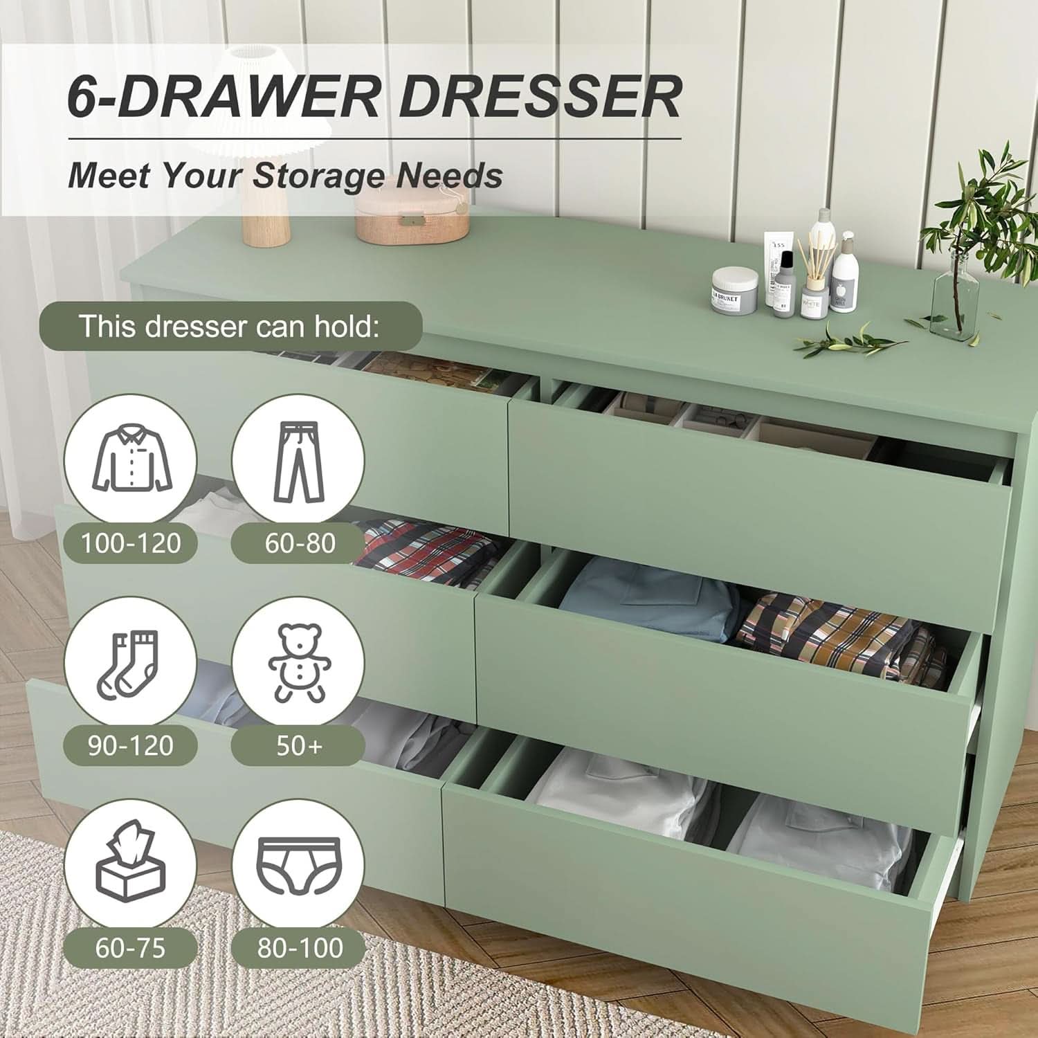 Wooden Six Drawer Dresser For Bedroom Storage Space Saver
