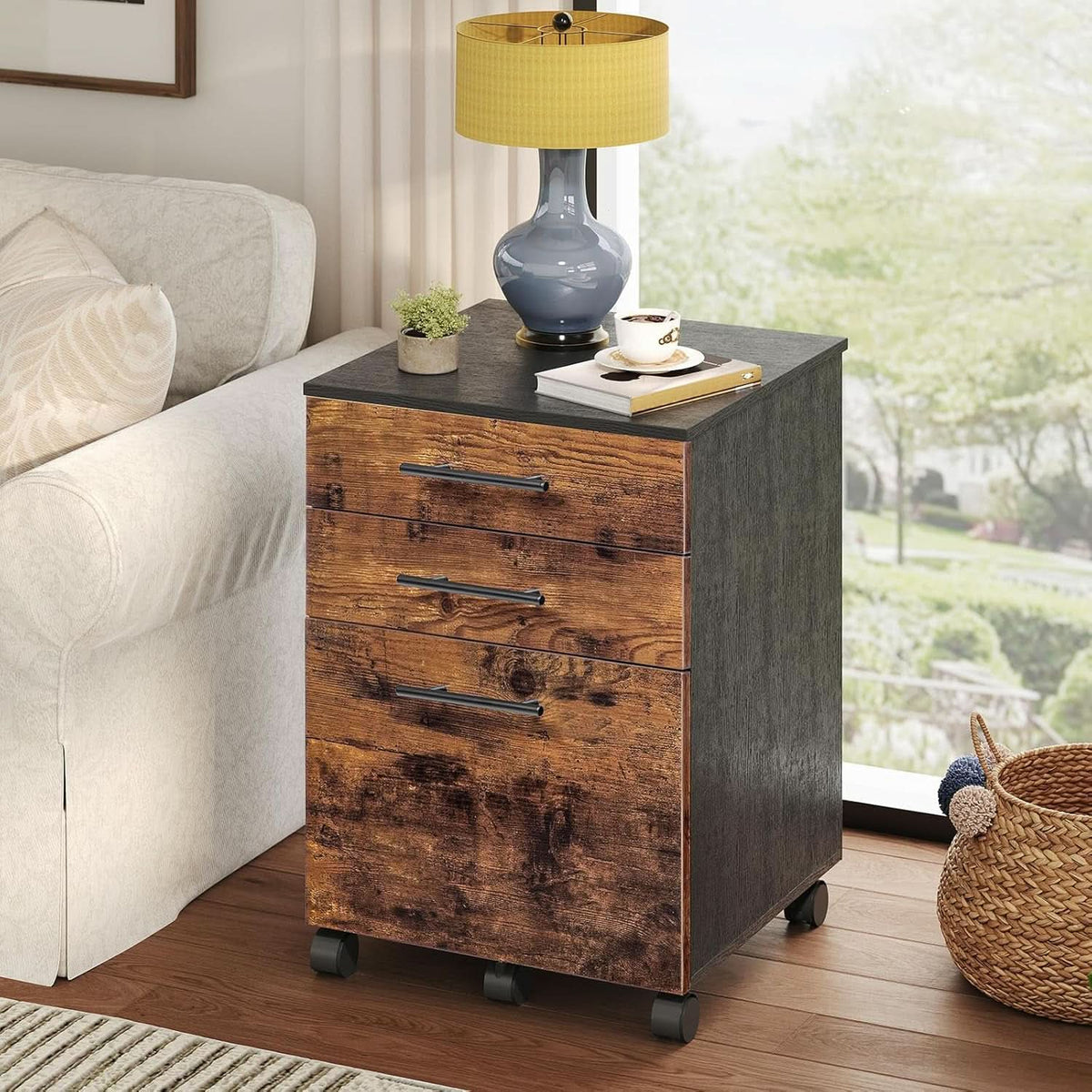 Wooden Three Drawer File Cabinet Under Desk Fits A4 Letter Size Rustic Brown Black Finish With Rolling Storage
