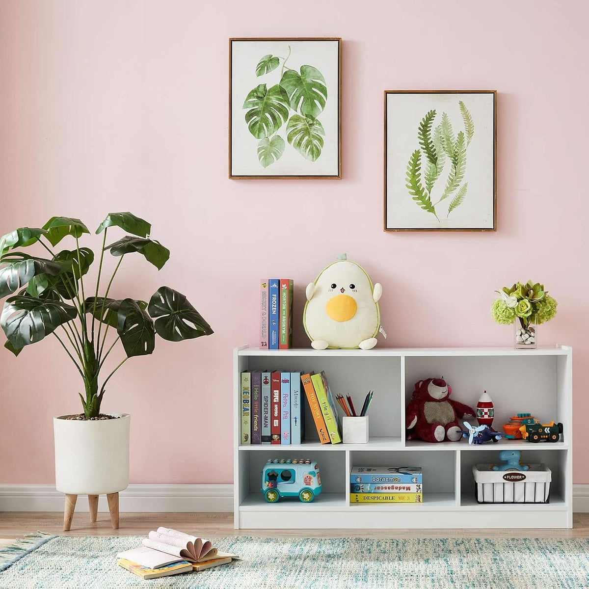 Wooden Toy Organizer and Bookshelf 5 Section Kid Storage