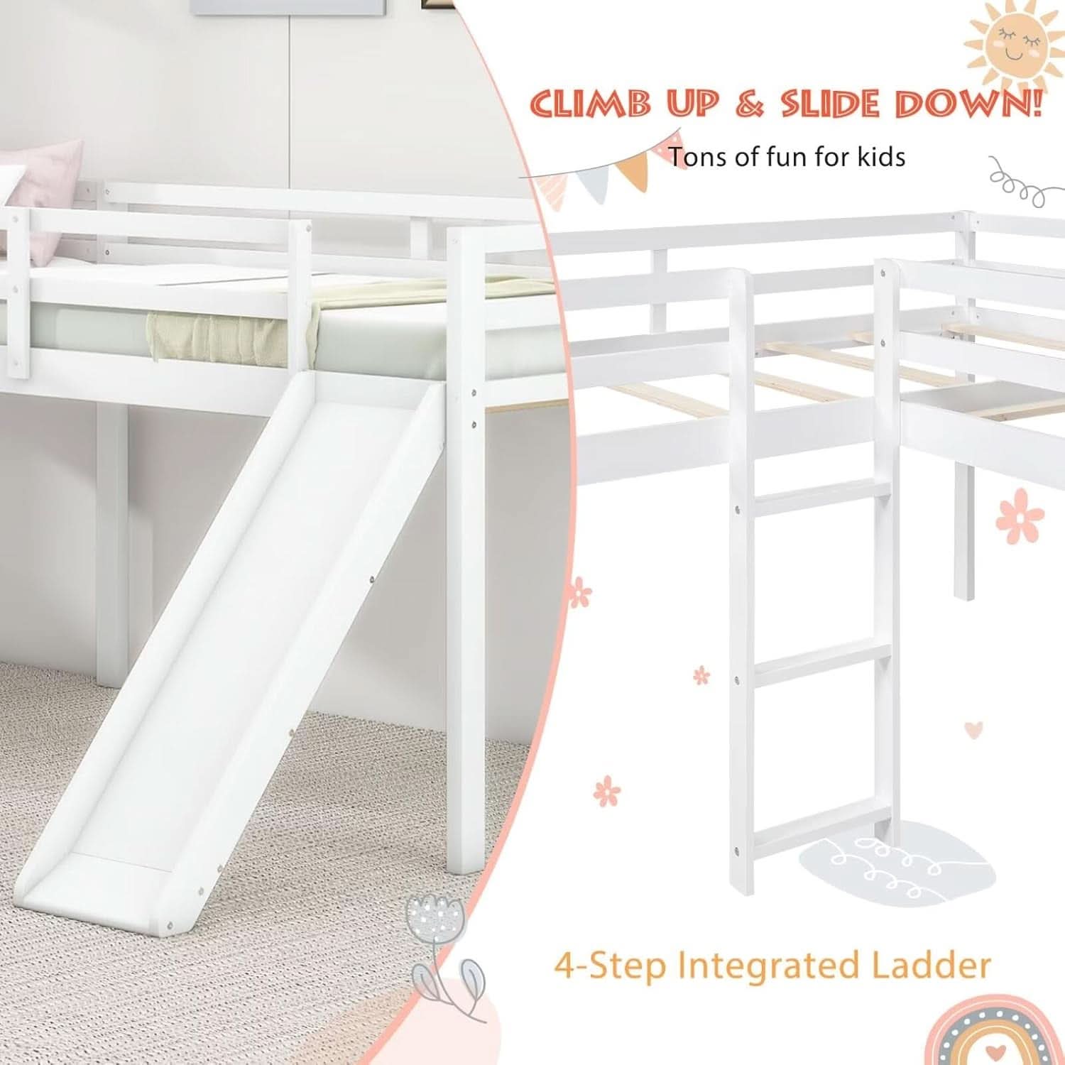 Wooden Twin Loft Bed With Slide And Ladder White For Kids Teens