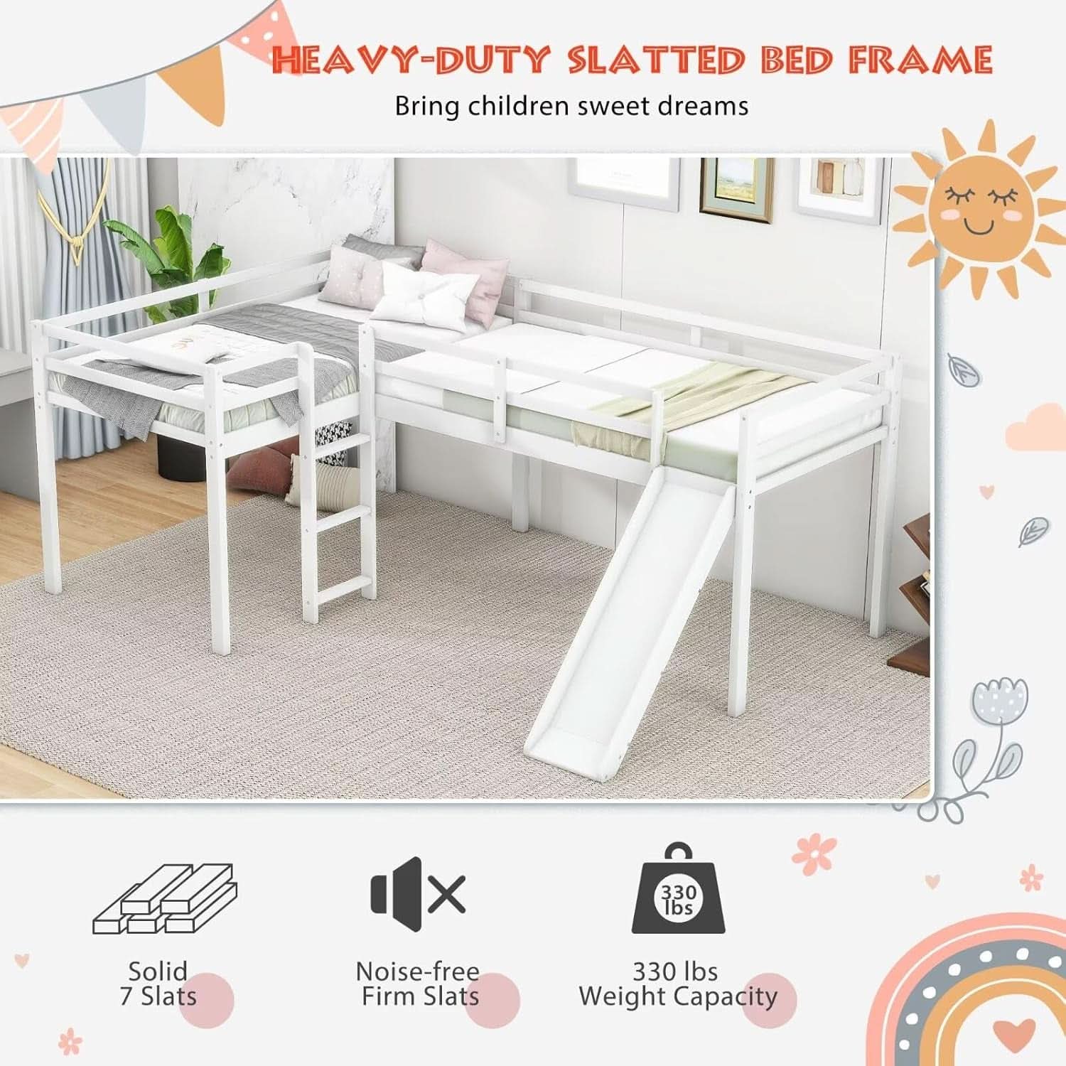 Wooden Twin Loft Bed With Slide And Ladder White For Kids Teens