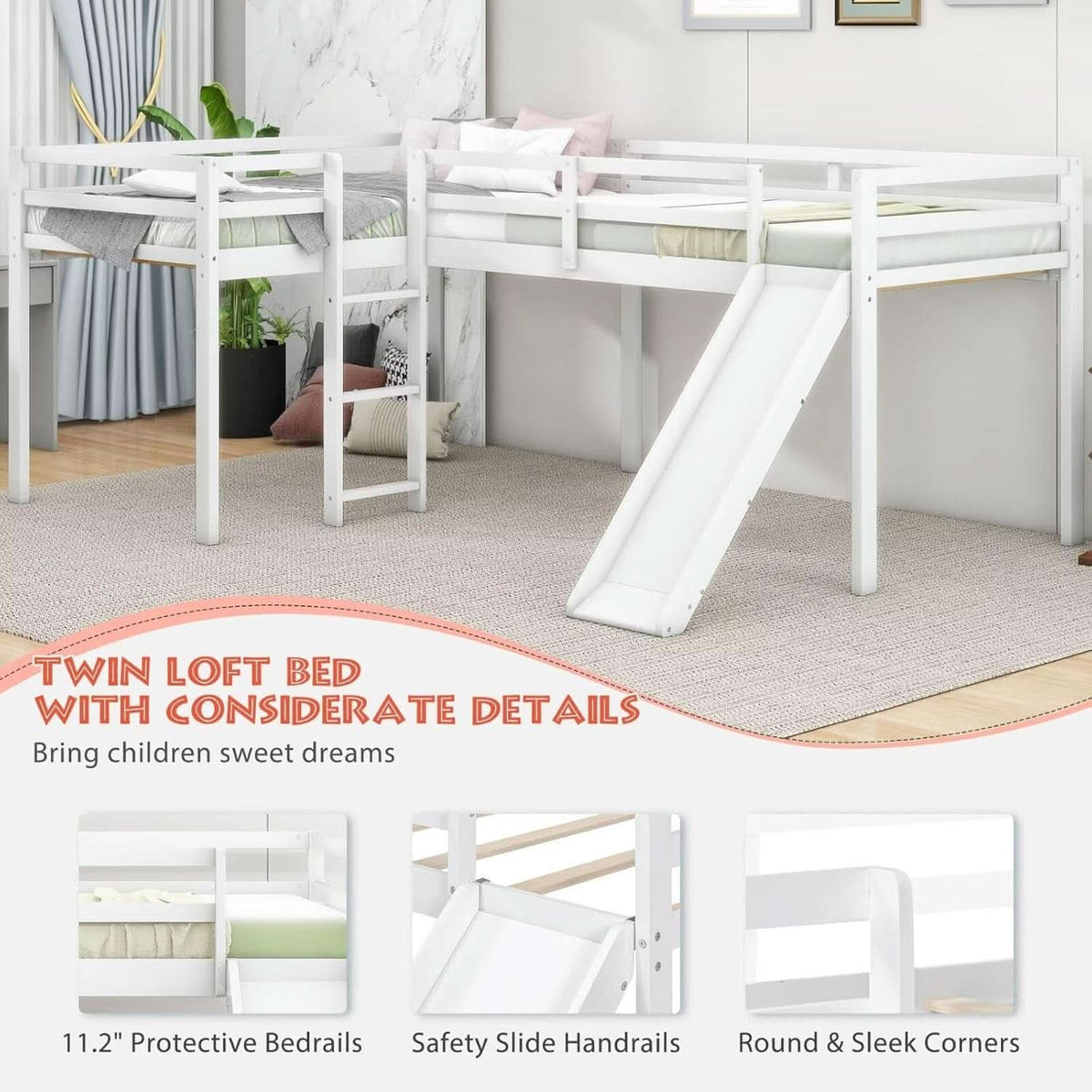Wooden Twin Loft Bed With Slide And Ladder White For Kids Teens