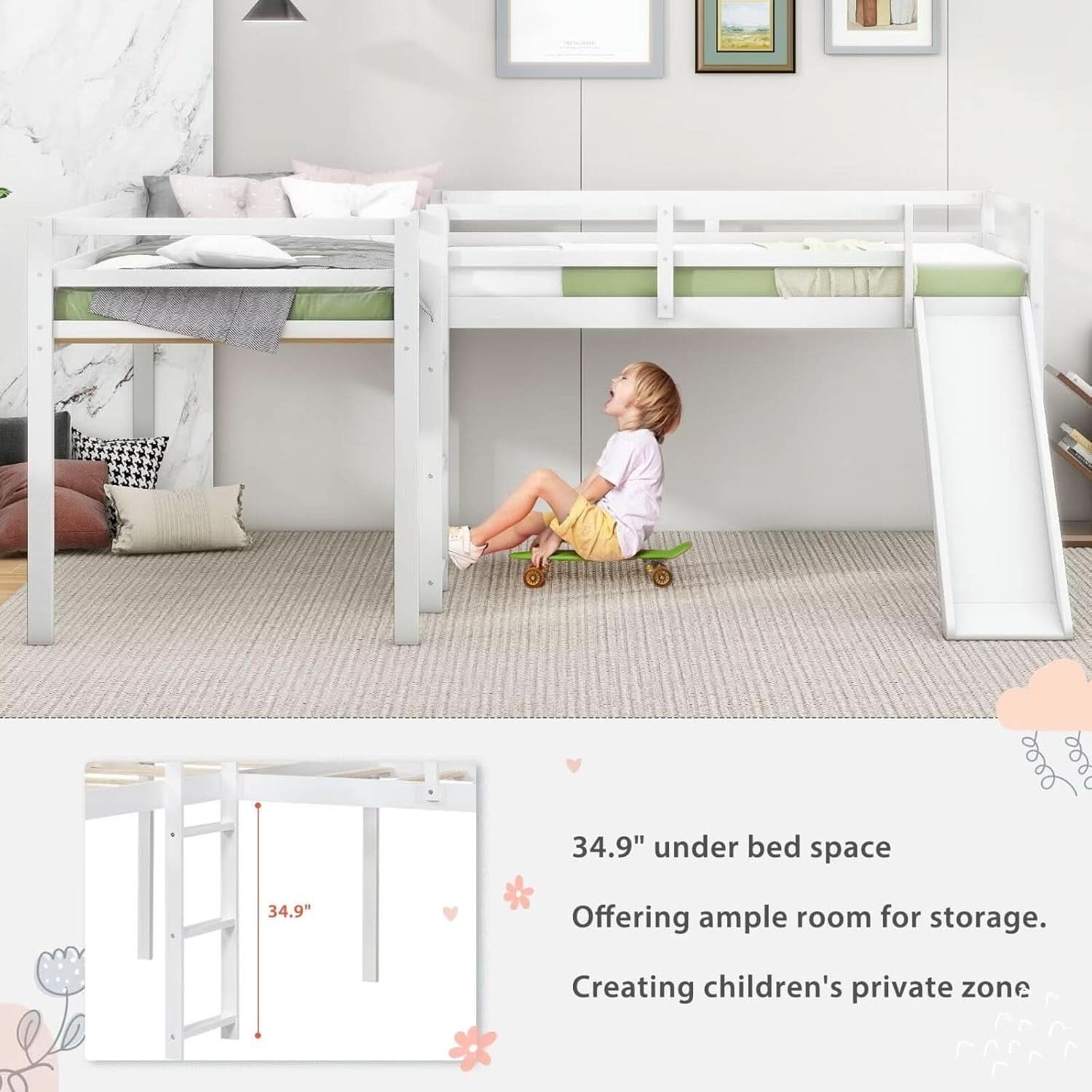 Wooden Twin Loft Bed With Slide And Ladder White For Kids Teens