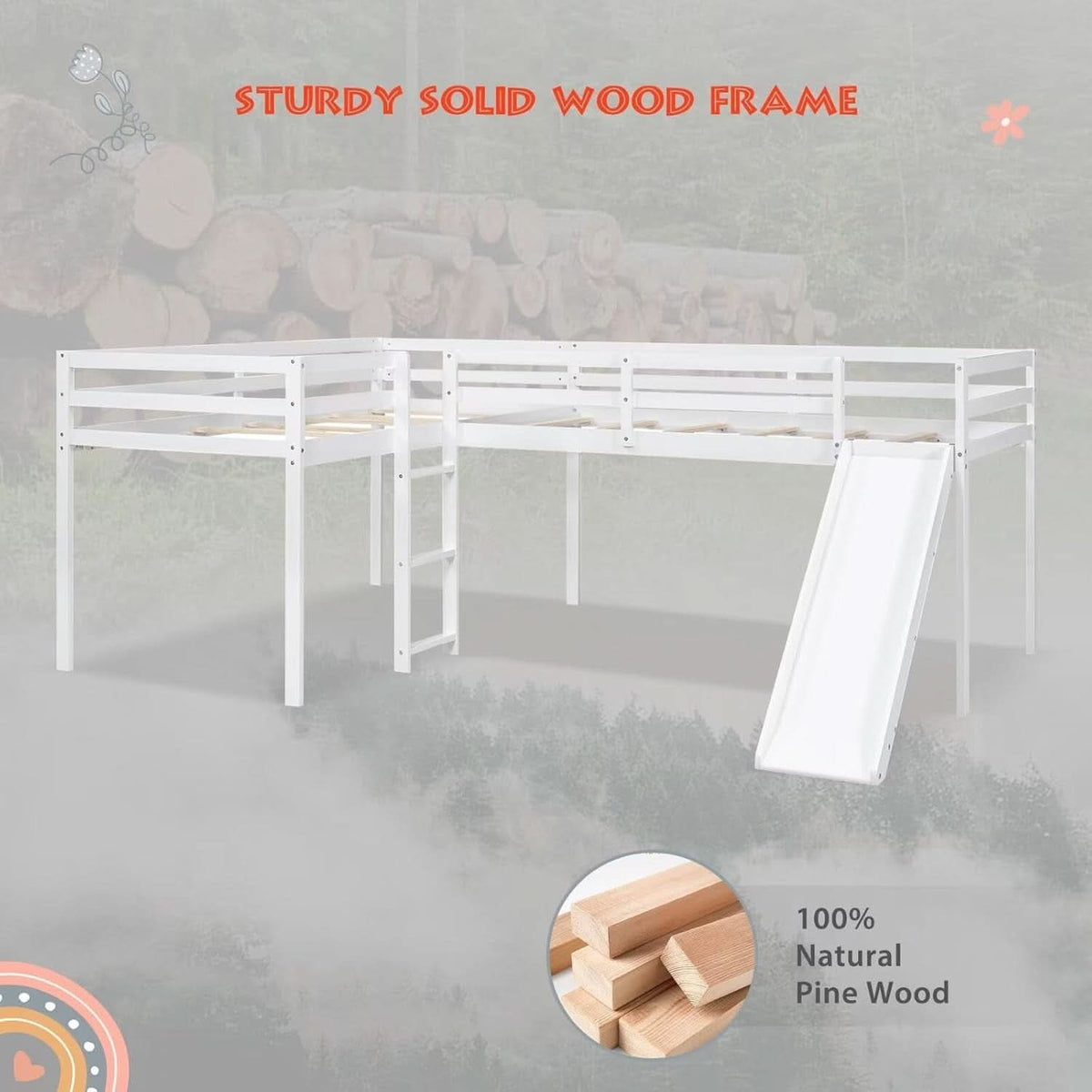 Wooden Twin Loft Bed With Slide And Ladder White For Kids Teens