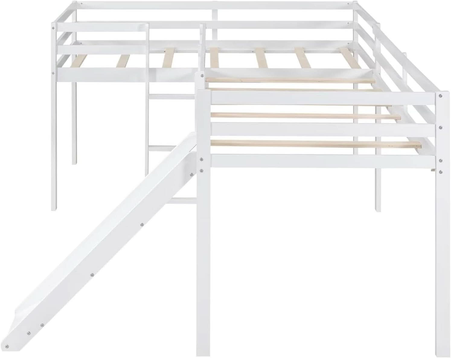 Wooden Twin Loft Bed With Slide And Ladder White For Kids Teens