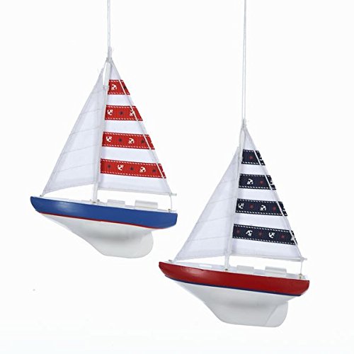 Wooden Yacht W/Sails Ornament - Red