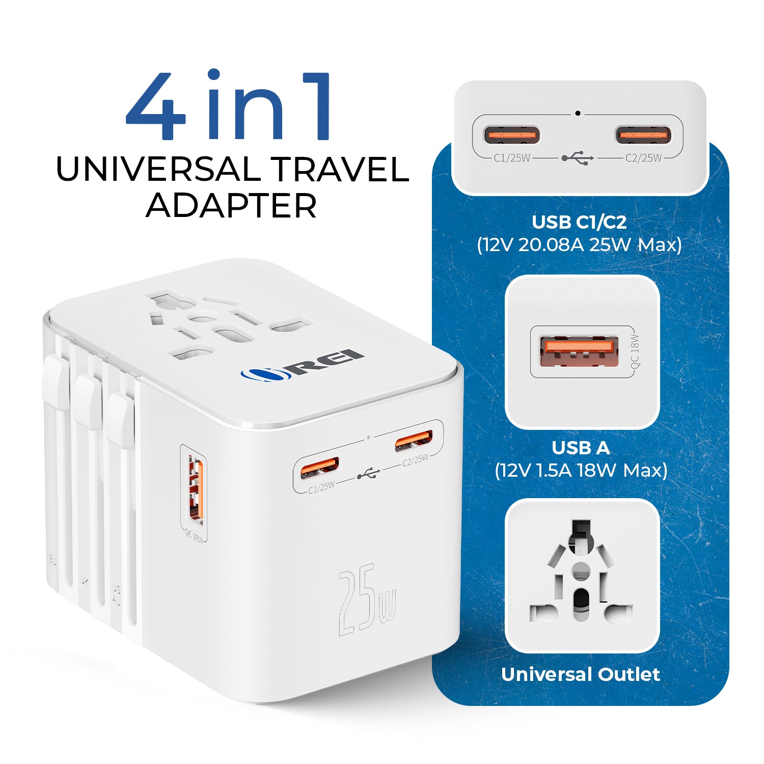 World Travel Adapter Plug International- All in One- 2 USB- Compact Design (M8_White)