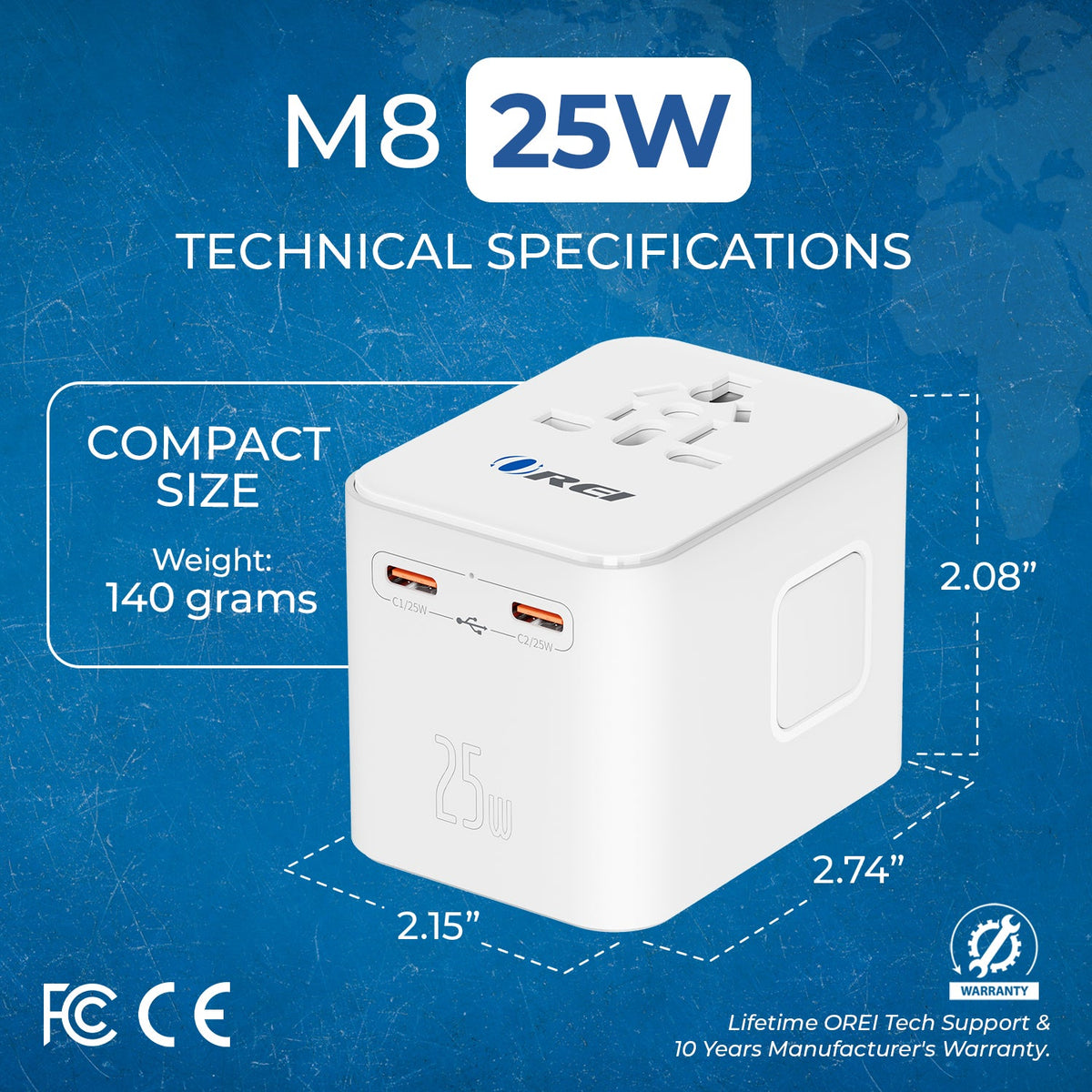 World Travel Adapter Plug International- All in One- 2 USB- Compact Design (M8_White)