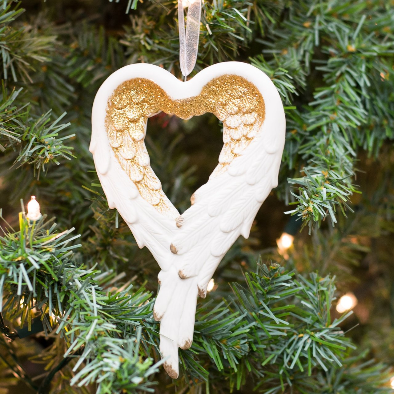 Wrapped In Angel's Wings Heart Gilded Porcelain Ornament