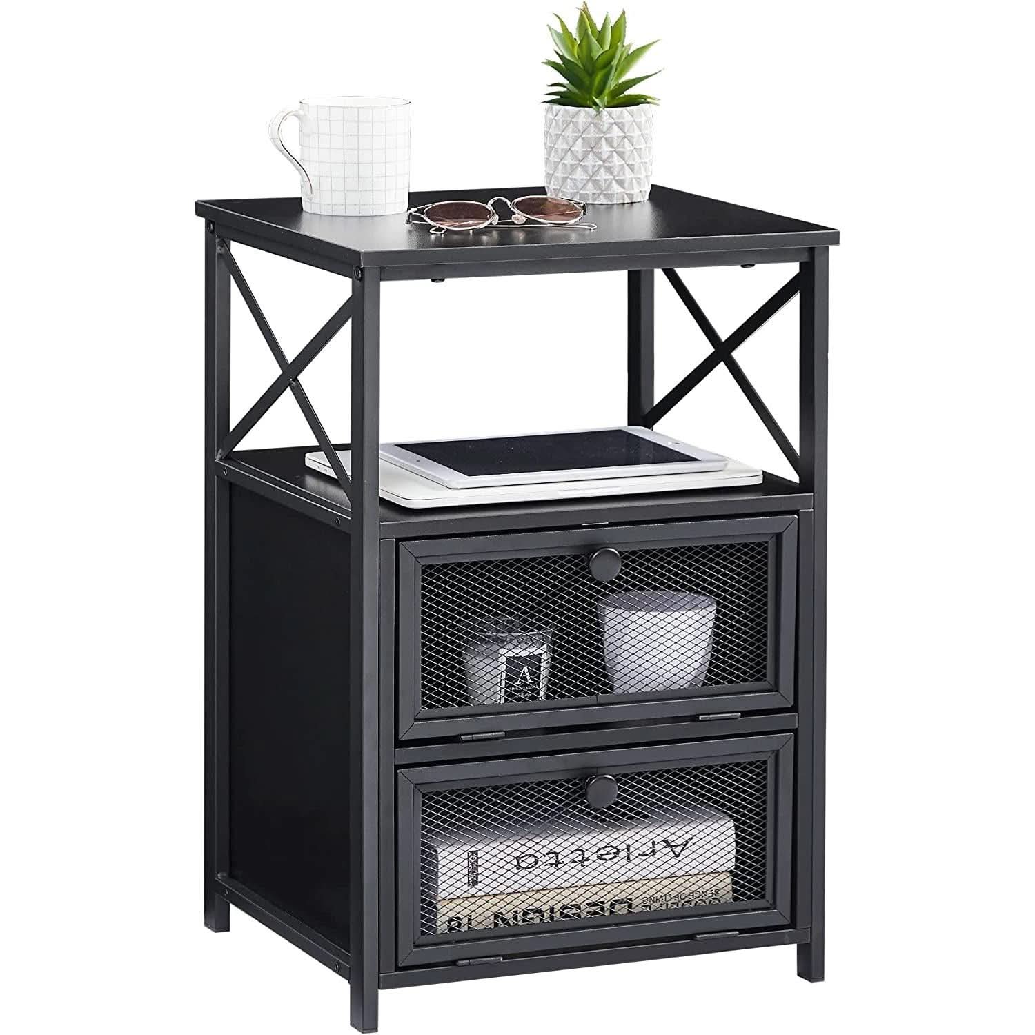 X Design Black Nightstand End Table With Flip Drawers