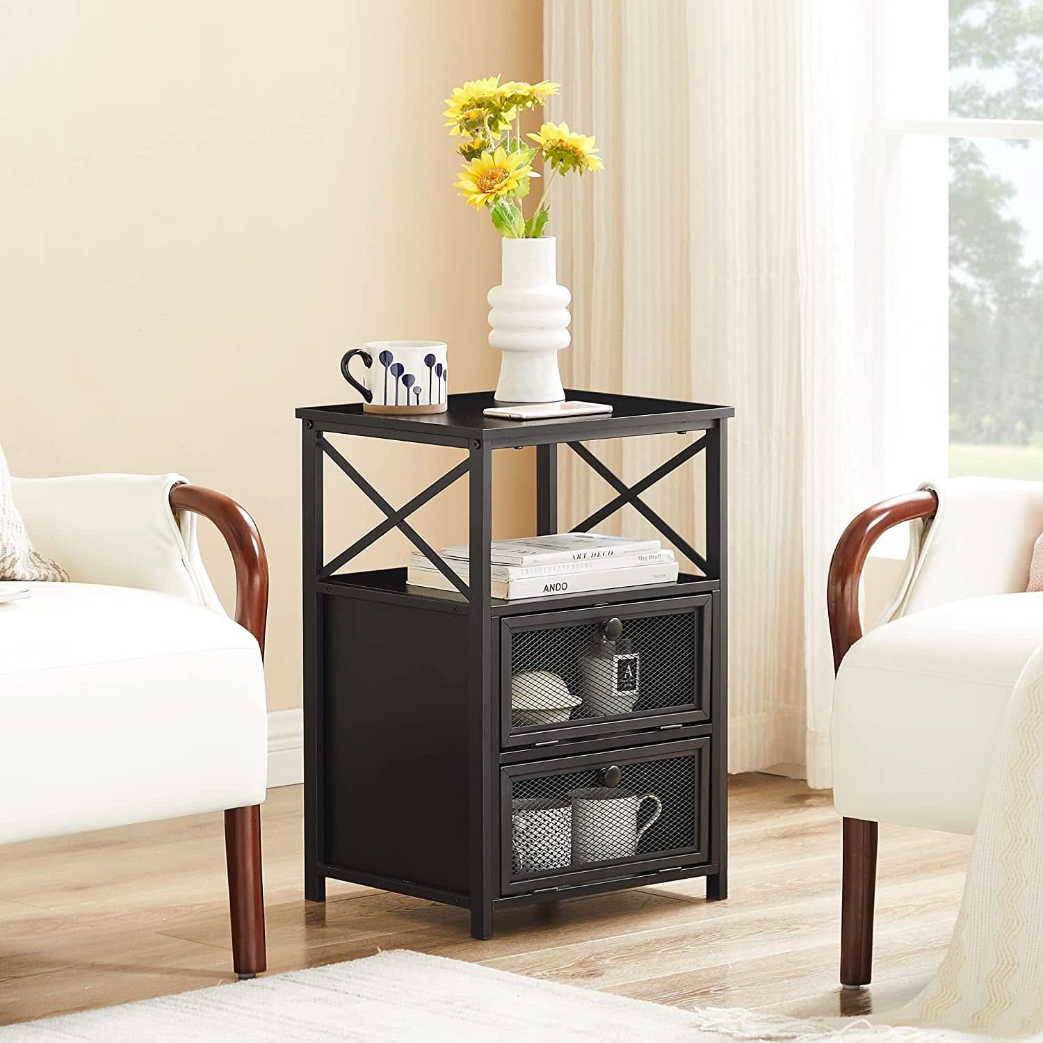 X Design Black Nightstand End Table With Flip Drawers