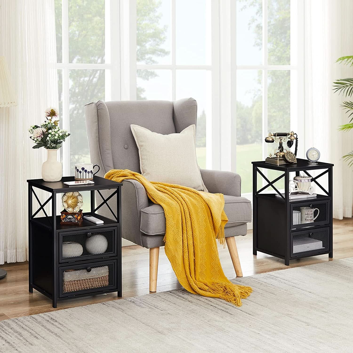 X Design Black Nightstand End Table With Flip Drawers