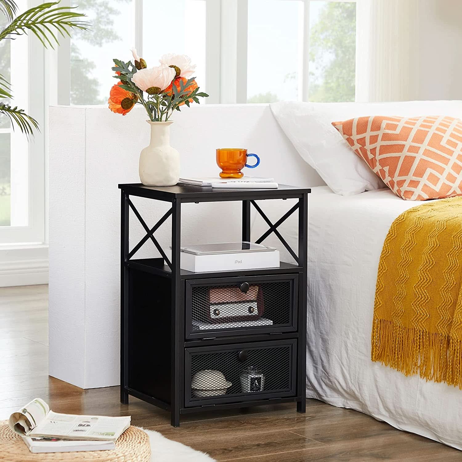 X Design Black Nightstand End Table With Flip Drawers