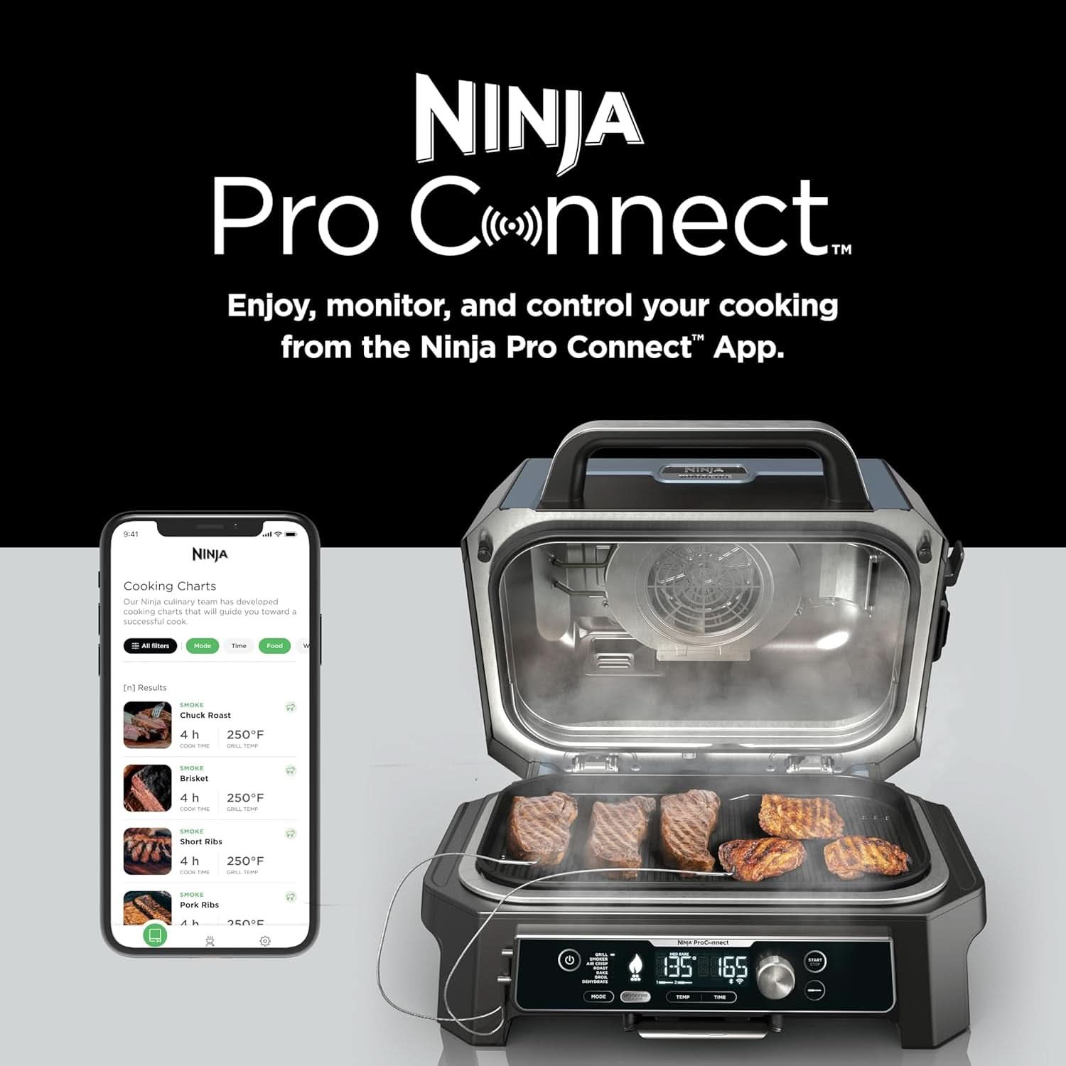 XL Smart Grill Smoker 7 In 1 With App Control Black