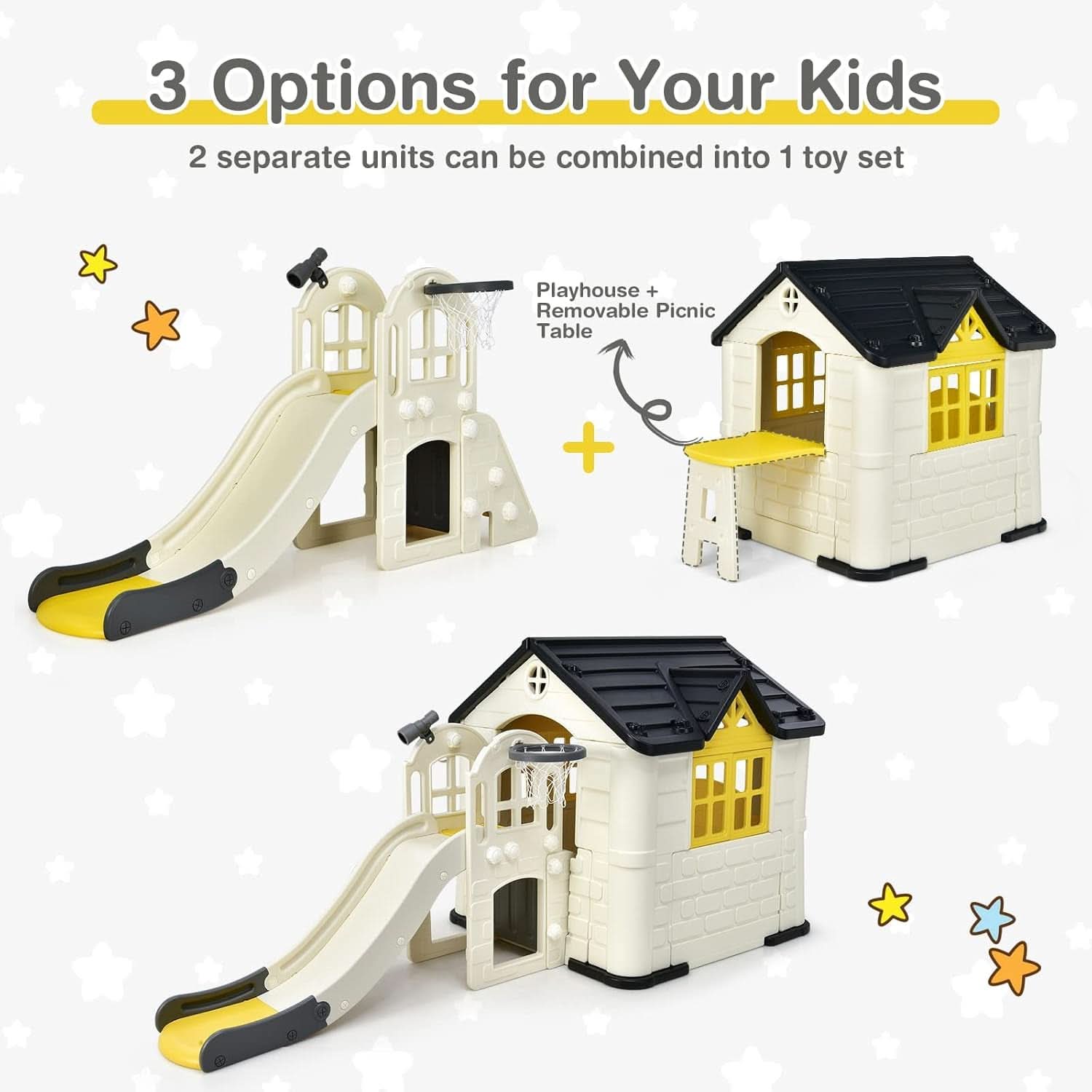 Yellow 7-In-1 Outdoor Kids Playhouse With Slide And Picnic