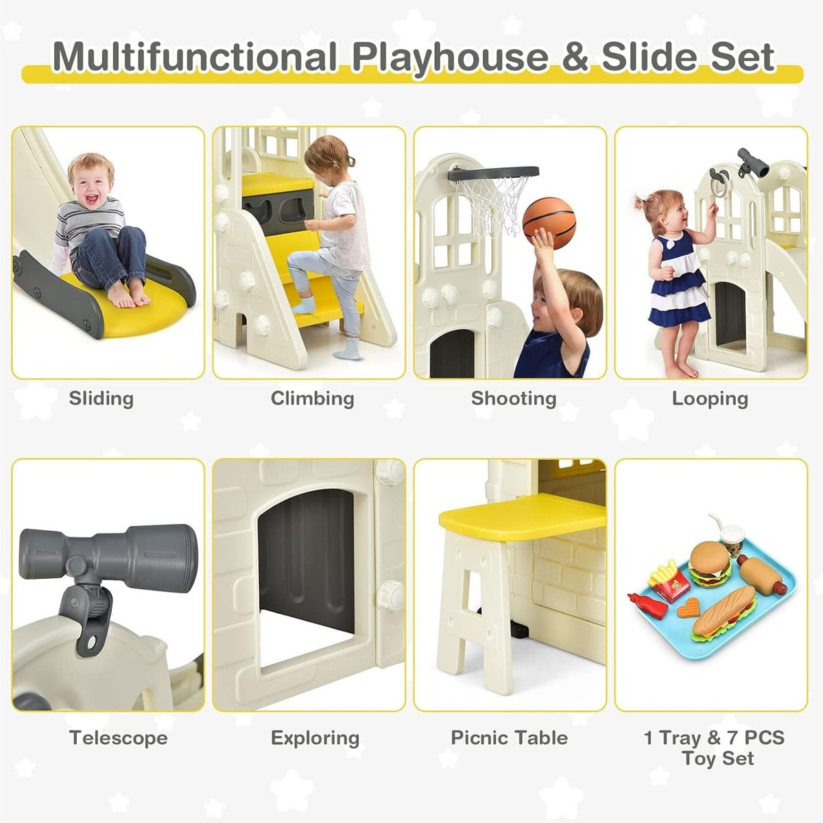Yellow 7-In-1 Outdoor Kids Playhouse With Slide And Picnic