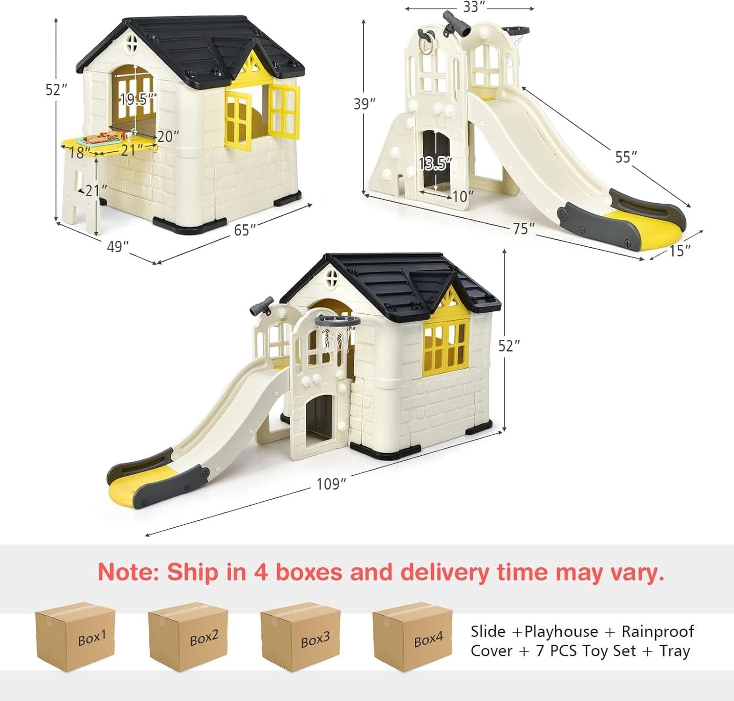Yellow 7-In-1 Outdoor Kids Playhouse With Slide And Picnic