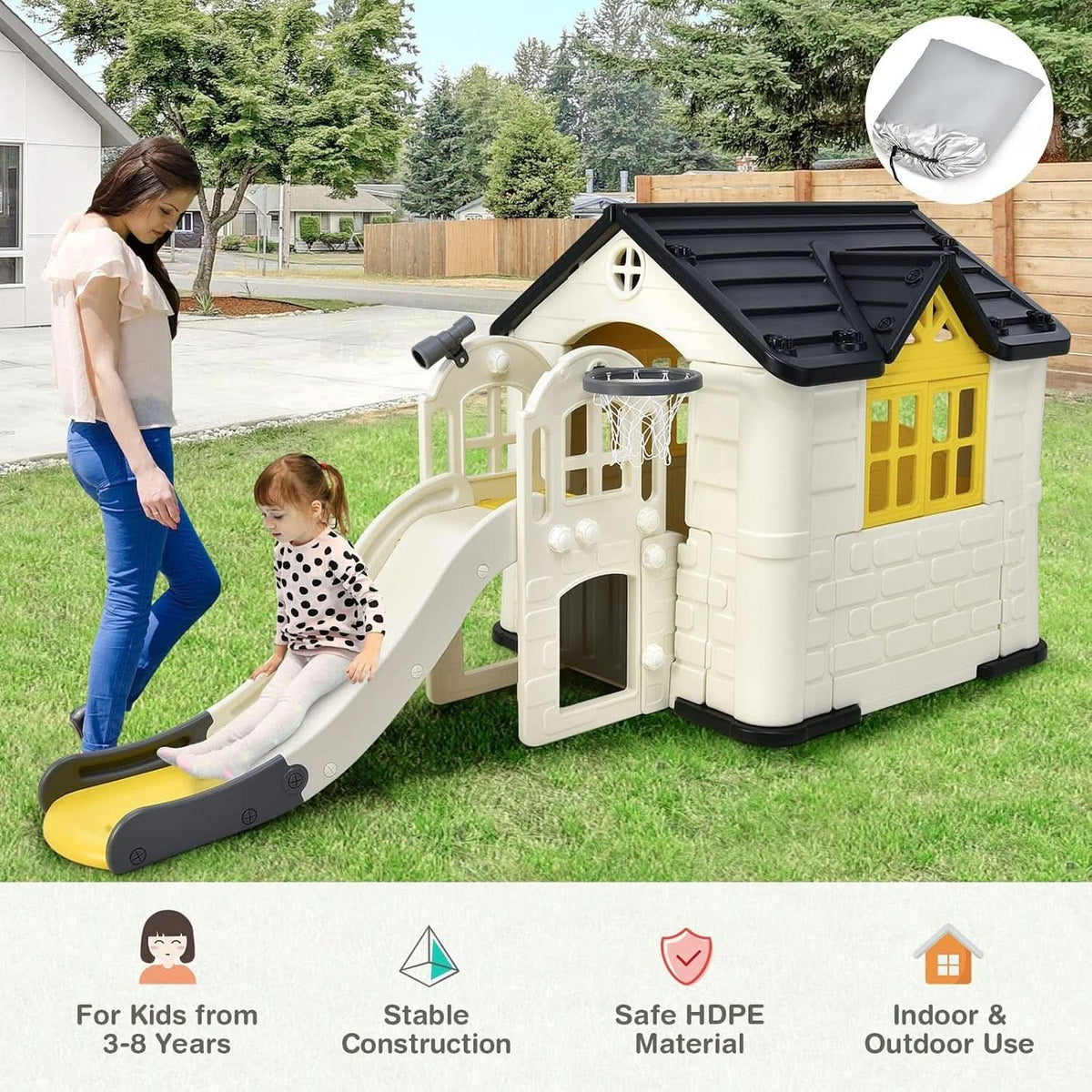 Yellow 7-In-1 Outdoor Kids Playhouse With Slide And Picnic