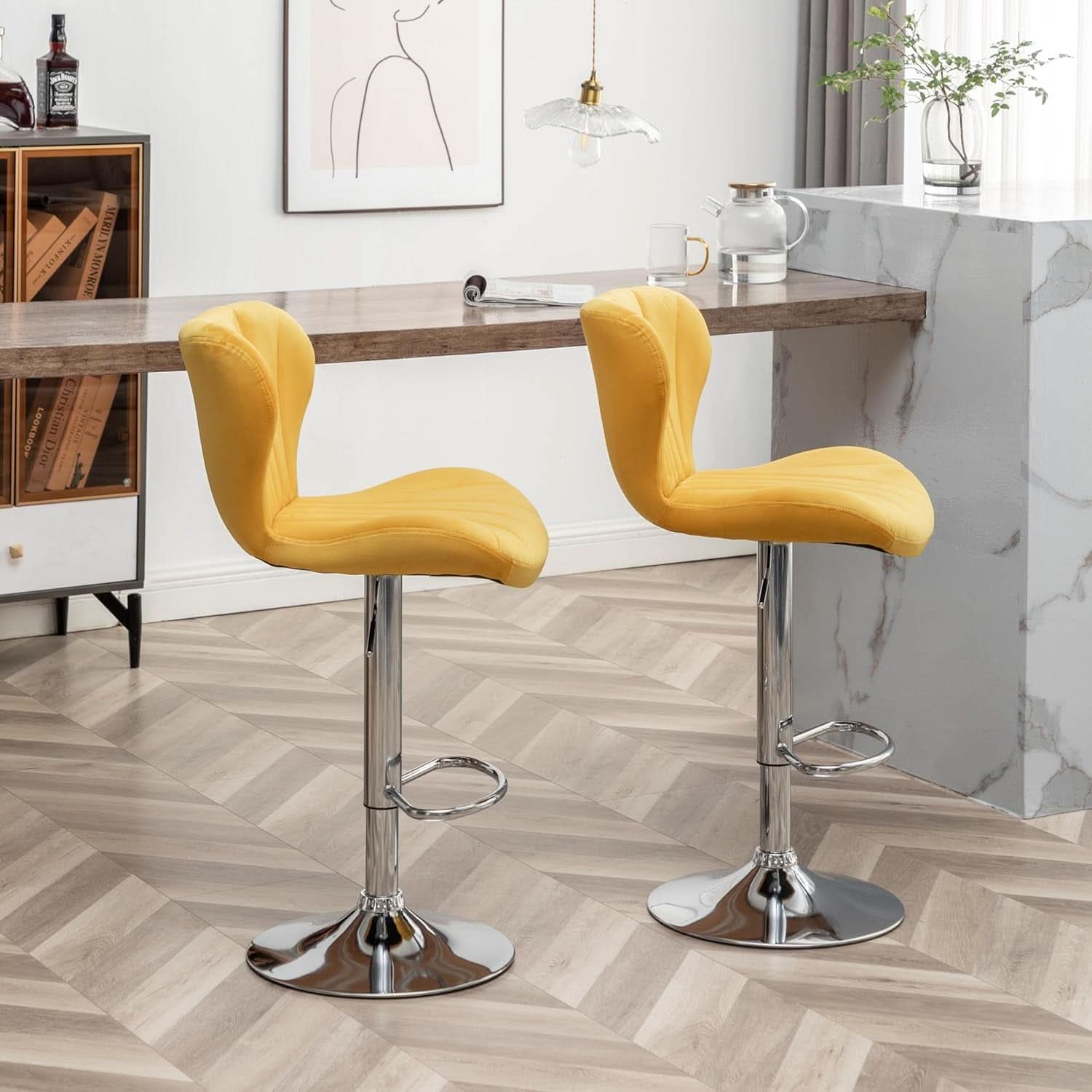 Yellow Adjustable Swivel Bar Stools Set Of 2 For Kitchen