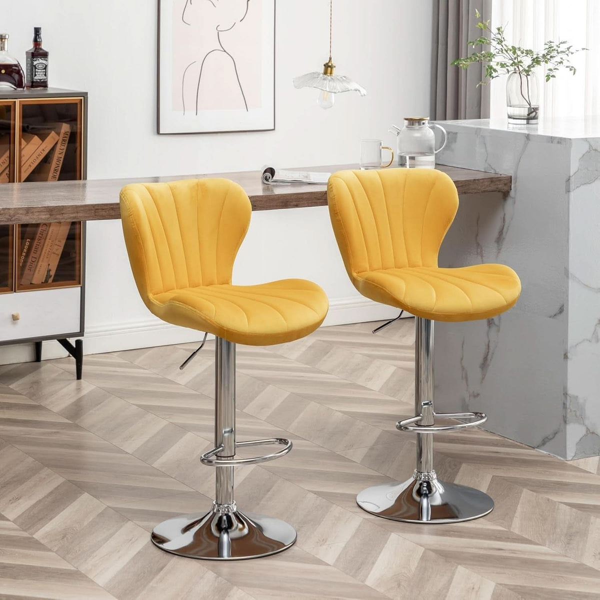 Yellow Adjustable Swivel Bar Stools Set Of 2 For Kitchen