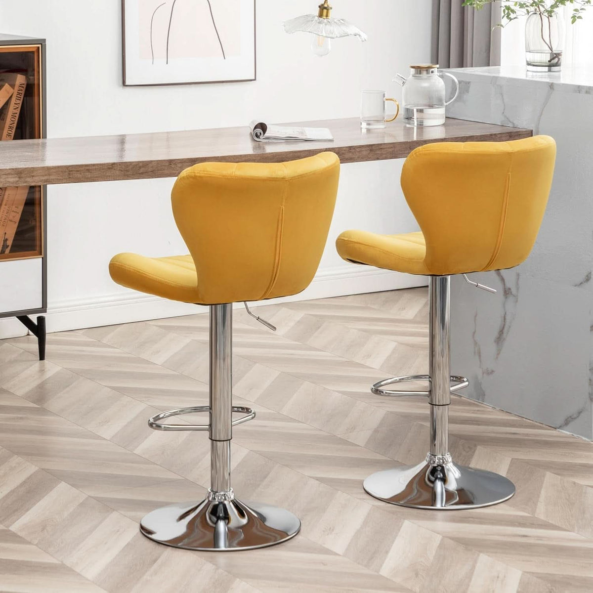 Yellow Adjustable Swivel Bar Stools Set Of 2 For Kitchen