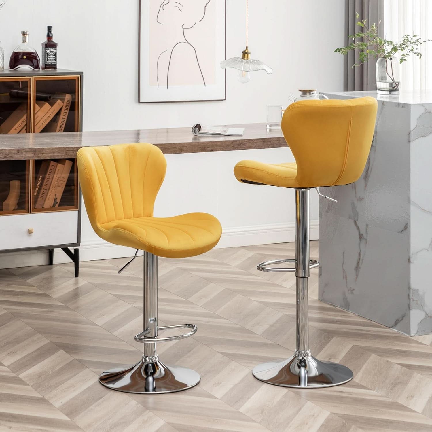 Yellow Adjustable Swivel Bar Stools Set Of 2 For Kitchen