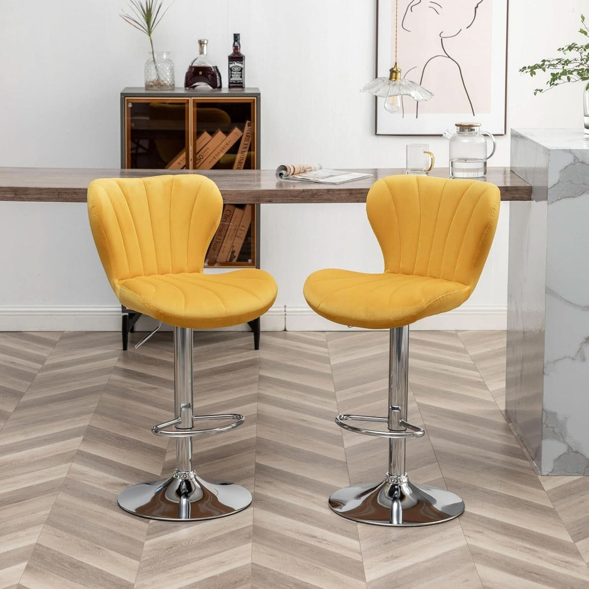 Yellow Adjustable Swivel Bar Stools Set Of 2 For Kitchen