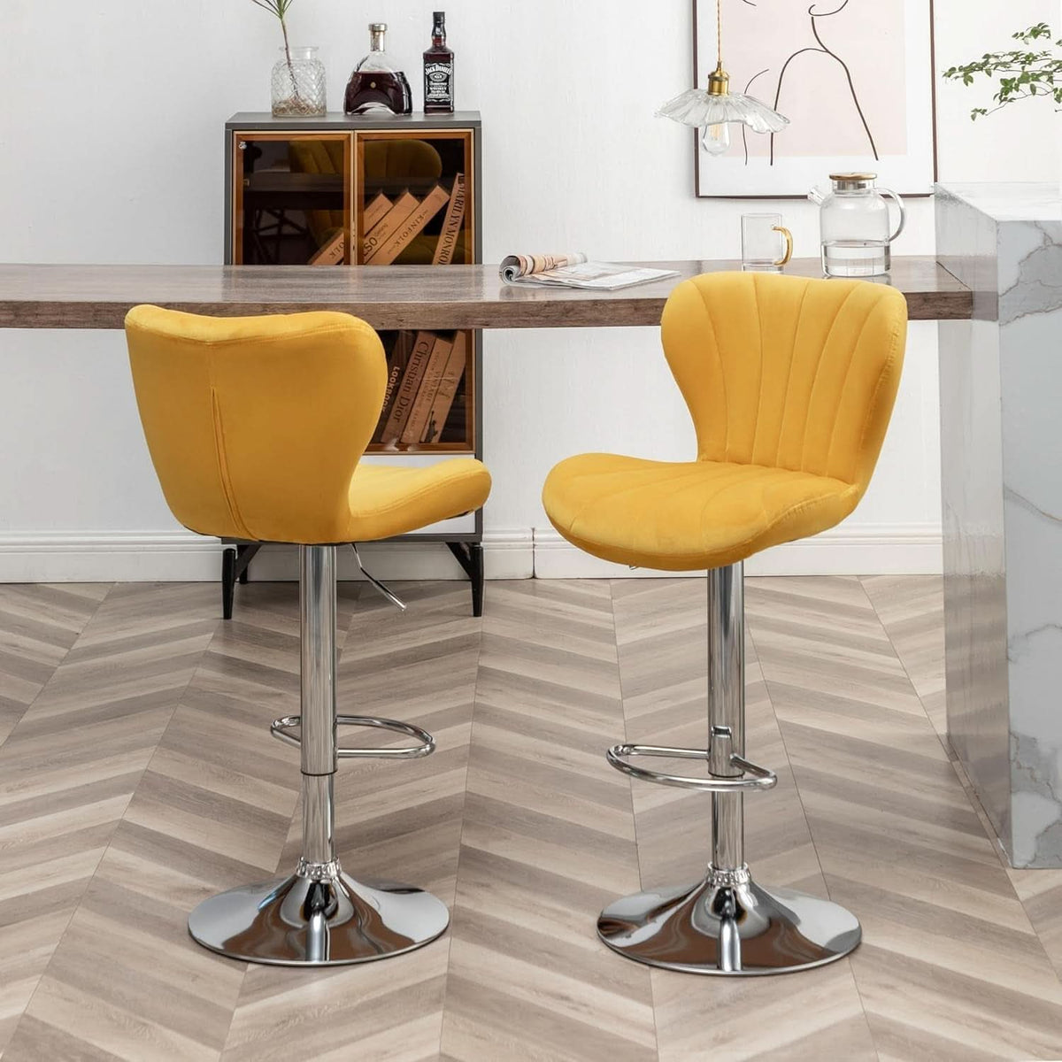 Yellow Adjustable Swivel Bar Stools Set Of 2 For Kitchen