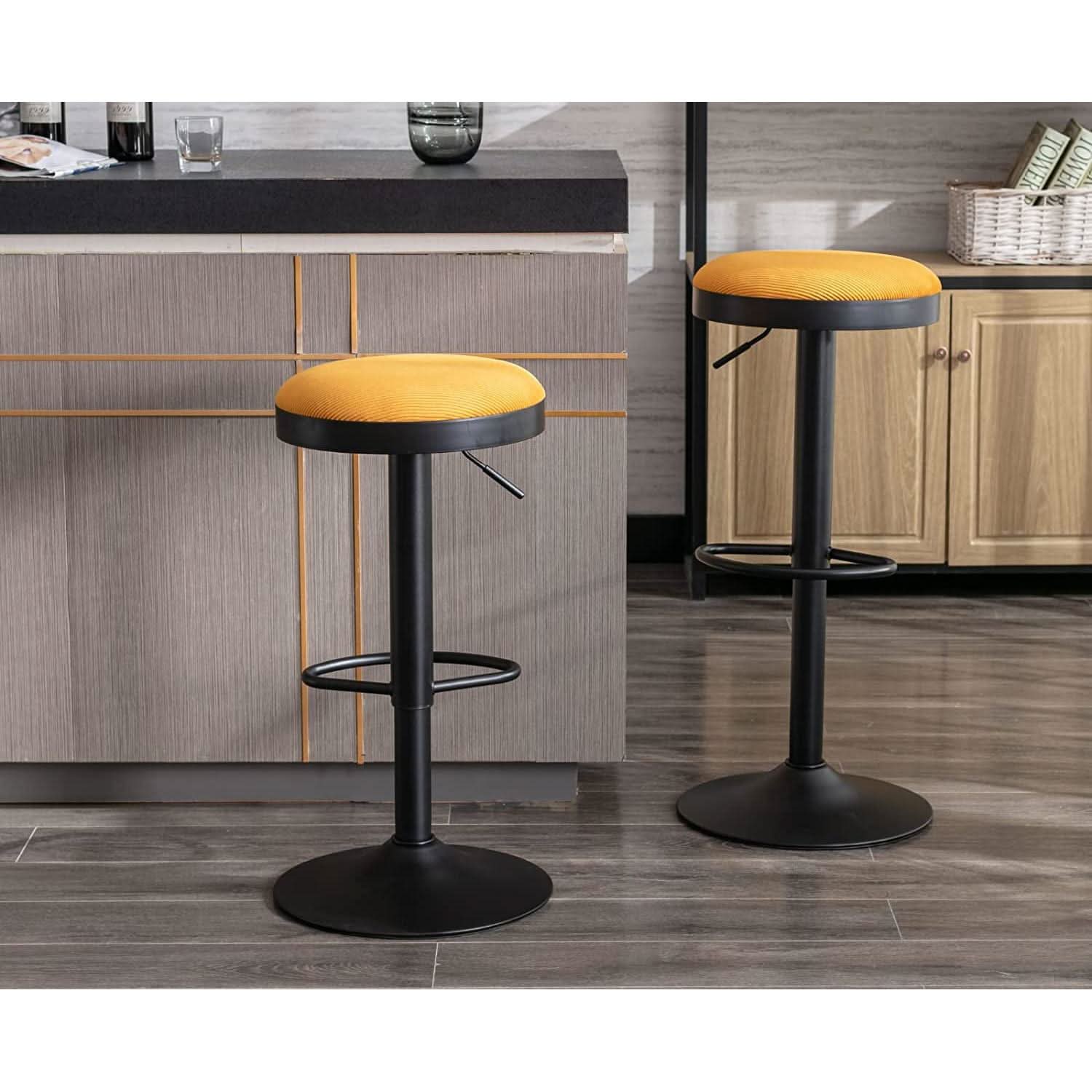 Yellow Fabric Swivel Bar Stool Set Of 2 Height Adjustable